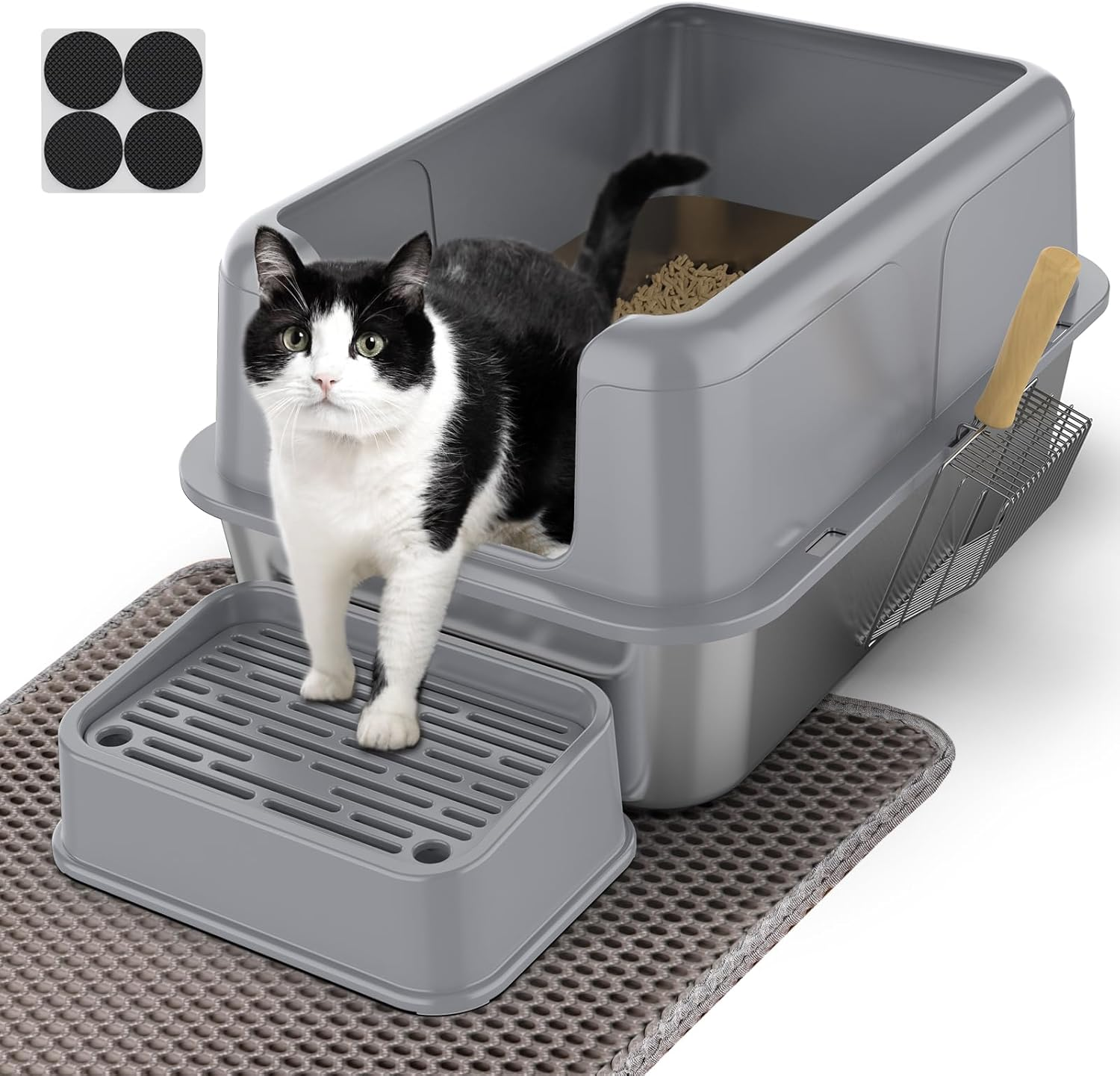 PKBD XL Stainless Steel Cat Litter Box with Removable Lid, Extra Large Cat Litter Box for Big Cats, High Sided 304 Metal Pan, anti Leakage, Odor-Free & Easy Cleaning,Included Scoop and Mat (Grey) image number 6