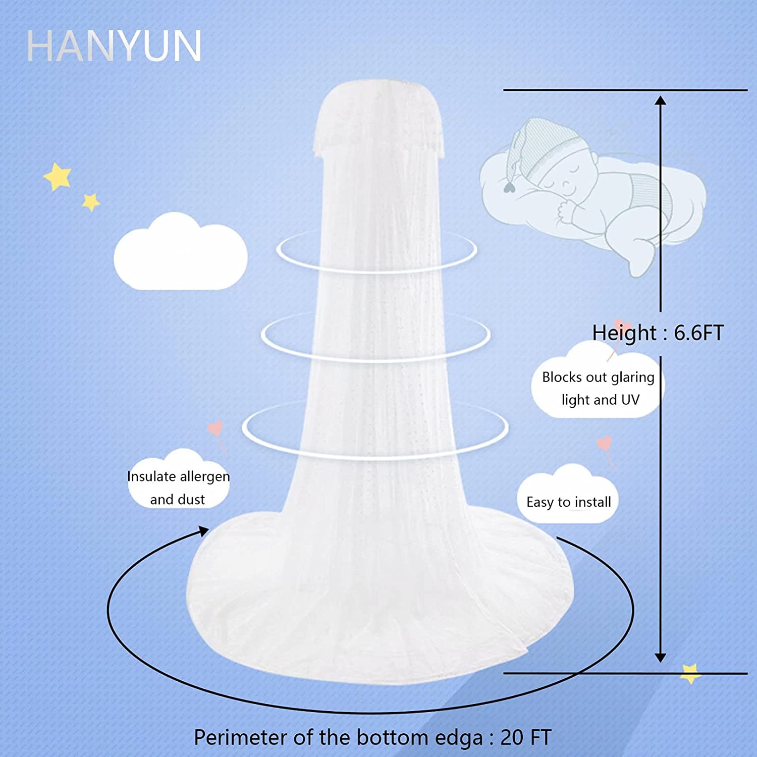 Baby Bed Canopy with Adjustable Clip-On Stand Baby Crib Cot Net Tent Hanging Dome Curtain Netting See through Mesh Bed Cover Net Stand Rod image number 3