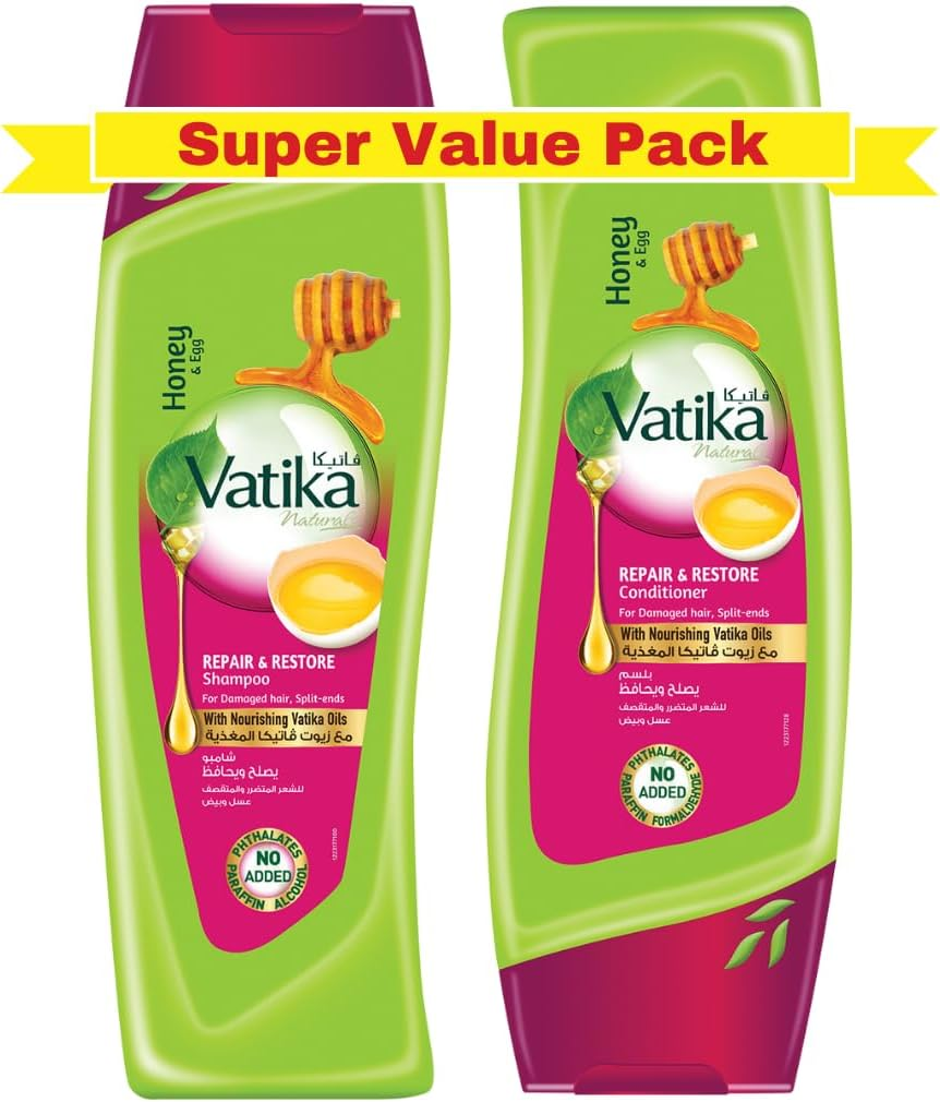 Vatika Naturals Repair & Restore Shampoo & Conditioner (2X400Ml) | Enriched with Honey & Egg | for Damaged Hair with Split Ends | Super Value Bundle Pack