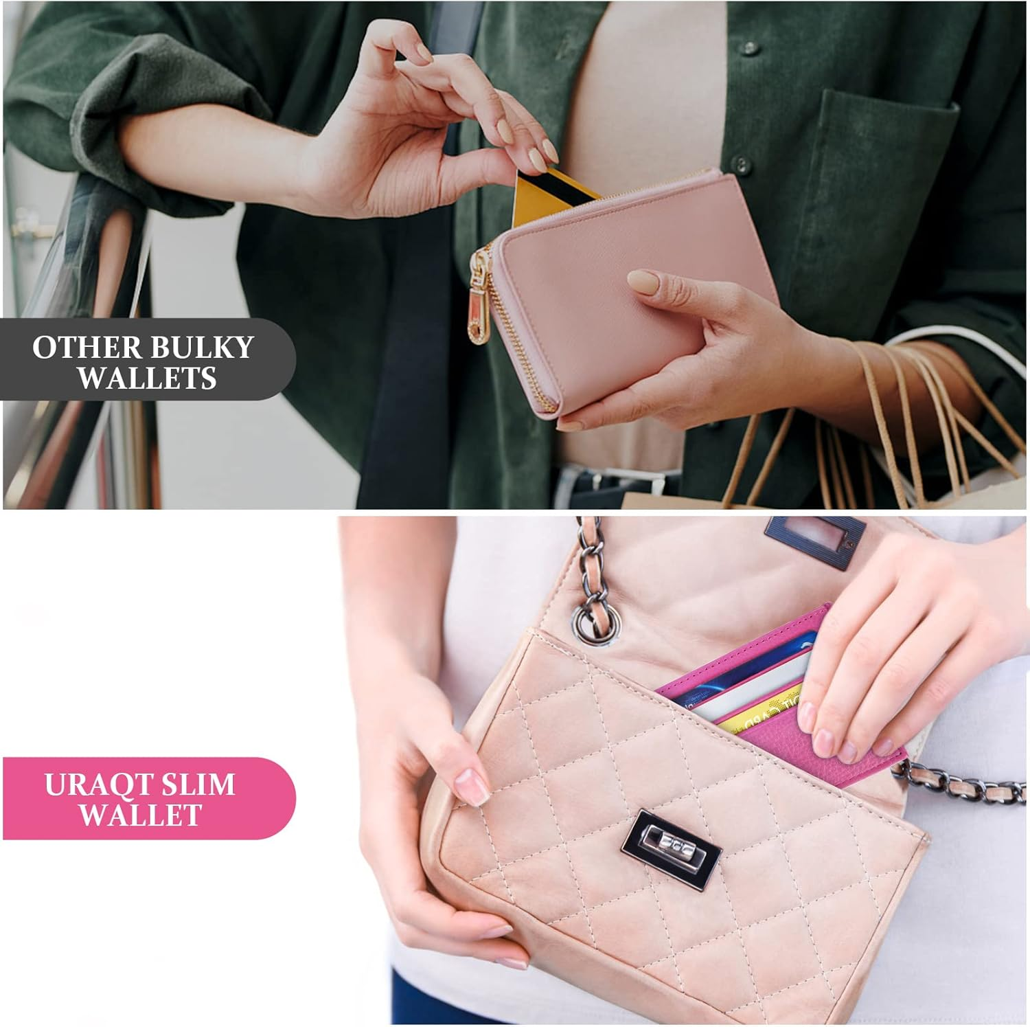 URAQT Credit Card Holder Wallet, RFID Blocking Leather Ultra Slim Wallet, Thin Minimalist Credit Card Case, Rose Red, One Size, Simple image number 6