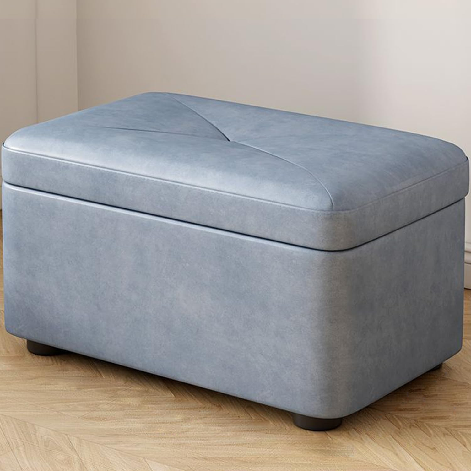 Uandhome Storage Ottoman Cube Storage Box,Multipurpose Foot Stool PU Faux Leather,Square Ottoman Shoe Bench with Padded Seat for Living Room Bedroom Dorm (Blue)