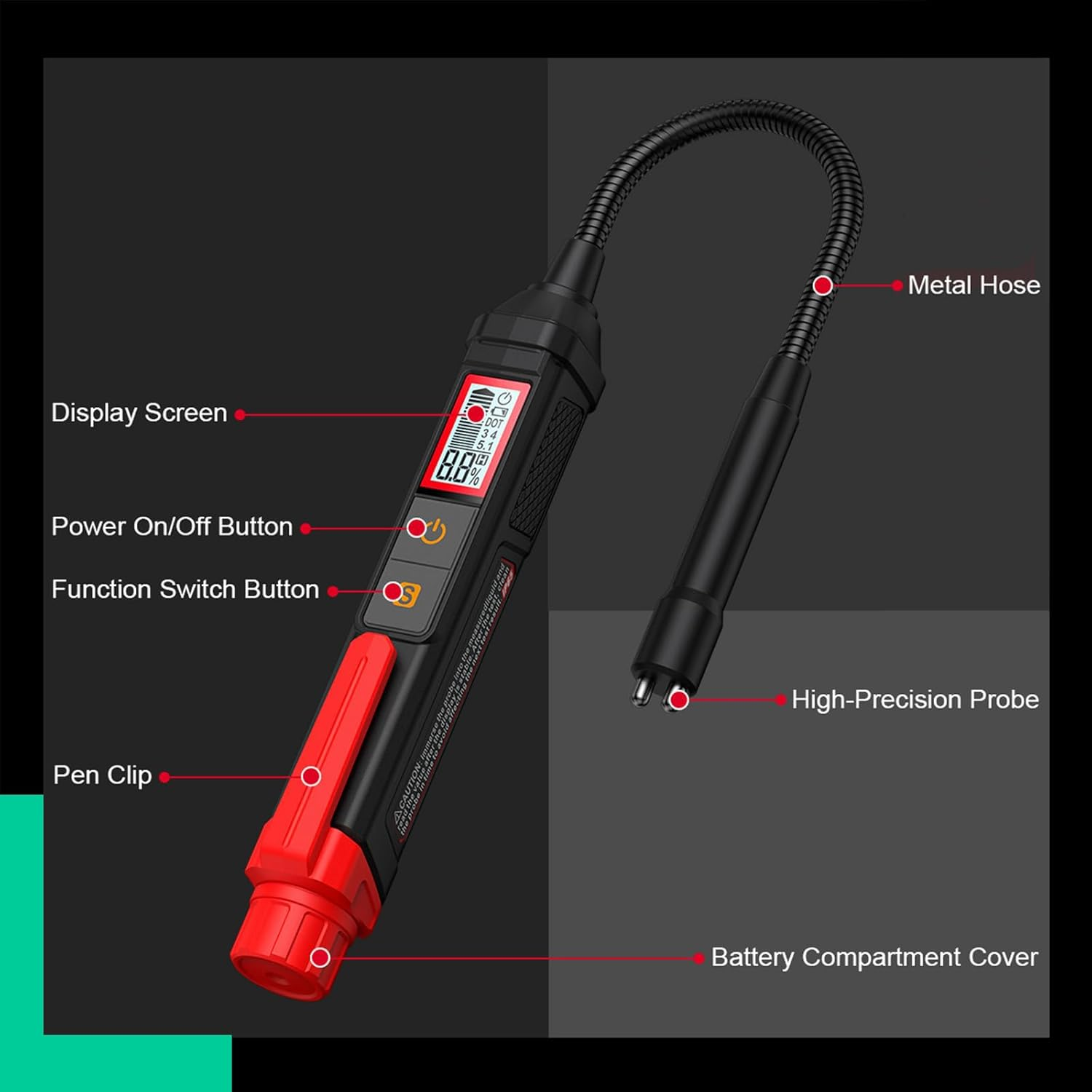 HT663L Brake Fluid Digital Tester with Sound and Light Alarm, Brake Fluid Liquid Tester Pen for DOT3/DOT4/DOT5.1, Hydraulic Fluid Liquid Oil Moisture Analyzer