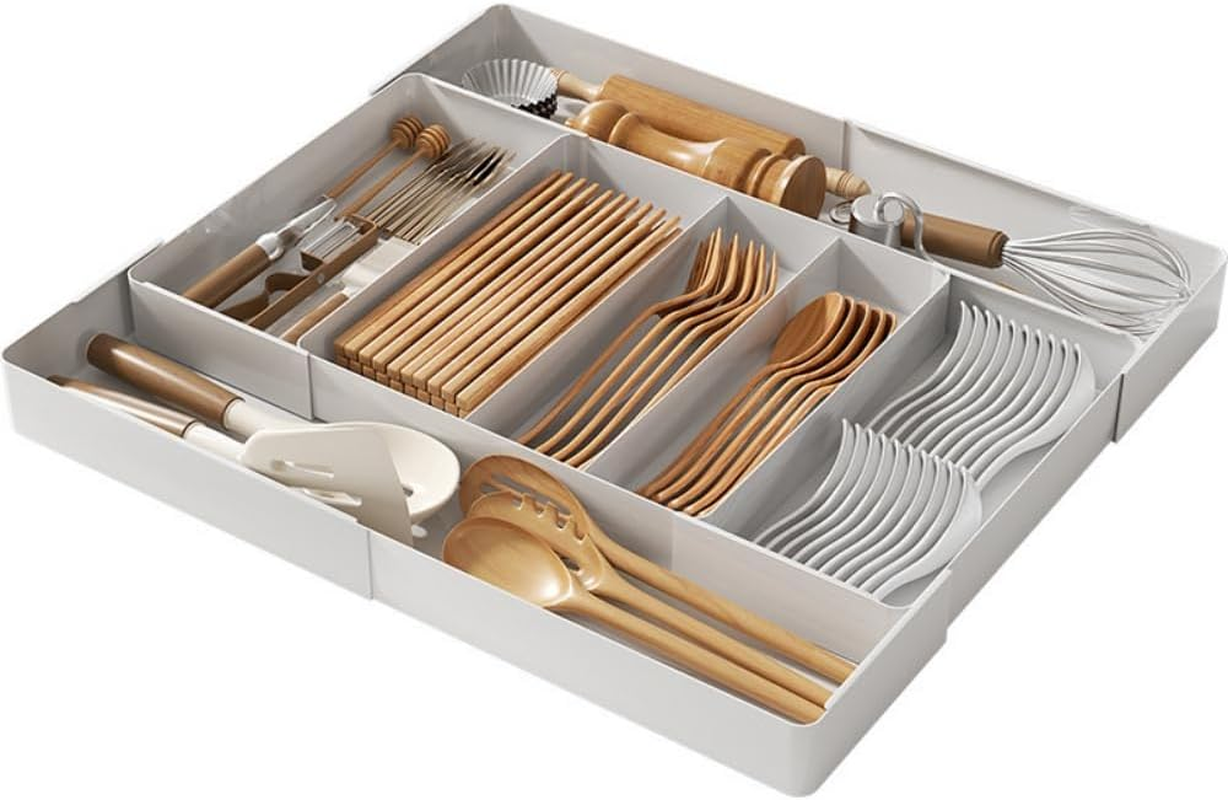 Expandable Kitchen Drawer Organizer Adjustable Utensil Tray Flatware Tray Cutlery Drawer Organiser for Forks Spoons Knife Organizer (Large, White) image number 3