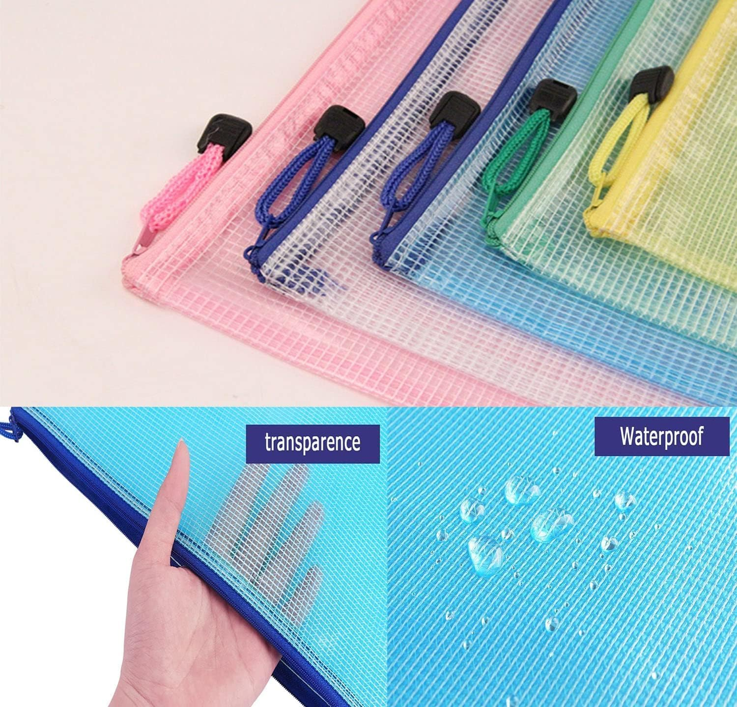 6Pcs Zip File Bags,Mesh Zipper Pouch Document,Waterproof Zip File Folders,Multipurpose Bags for School Office Supplies and Business Papers and Books Storage and Cosmetics Storage (A5 5Pcsmulticolor) image number 3
