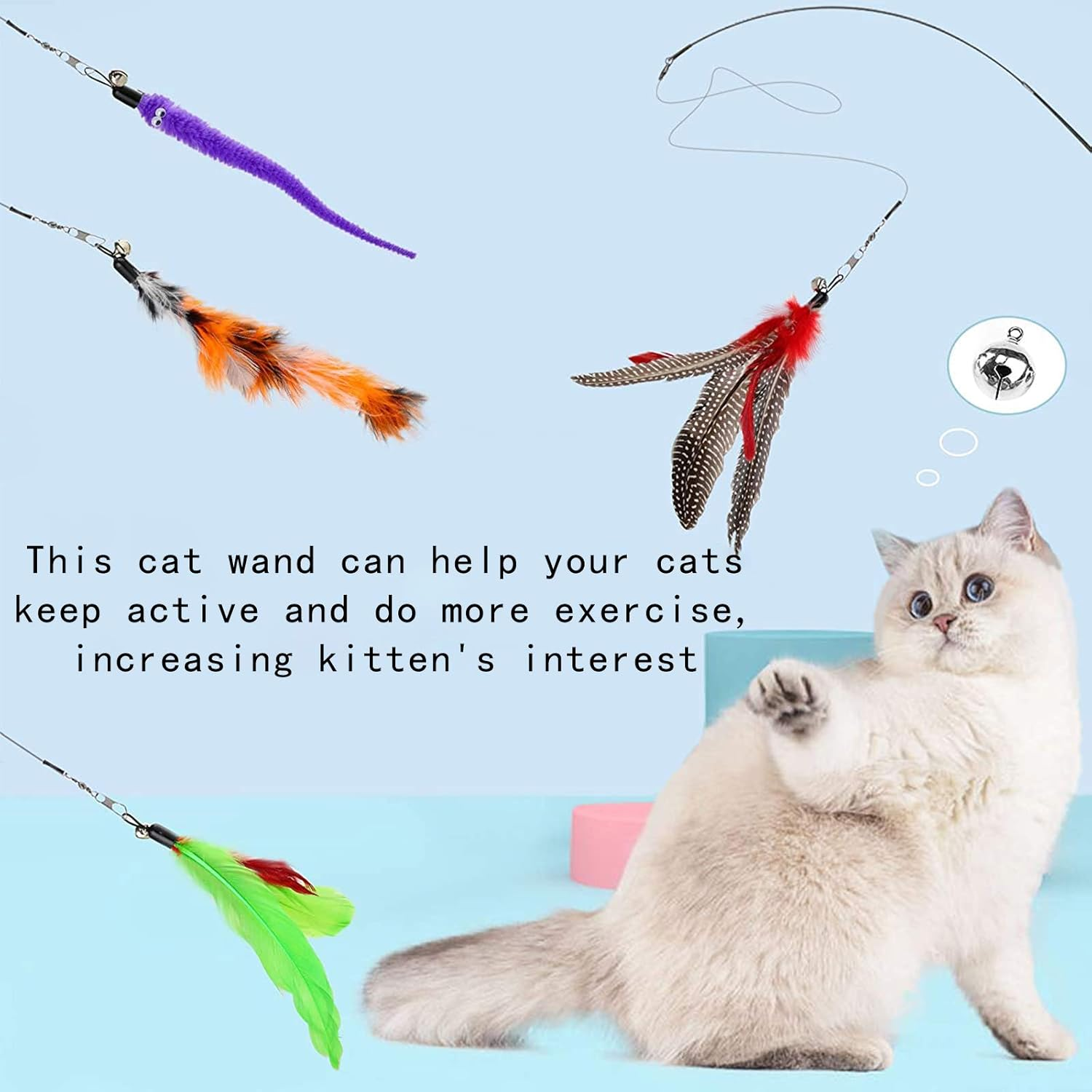 Cat Teaser Wand with 7 Assorted Interactive Refills Feathers Teaser, Cat Feather Toys for Exercising Kitten and Cat image number 1