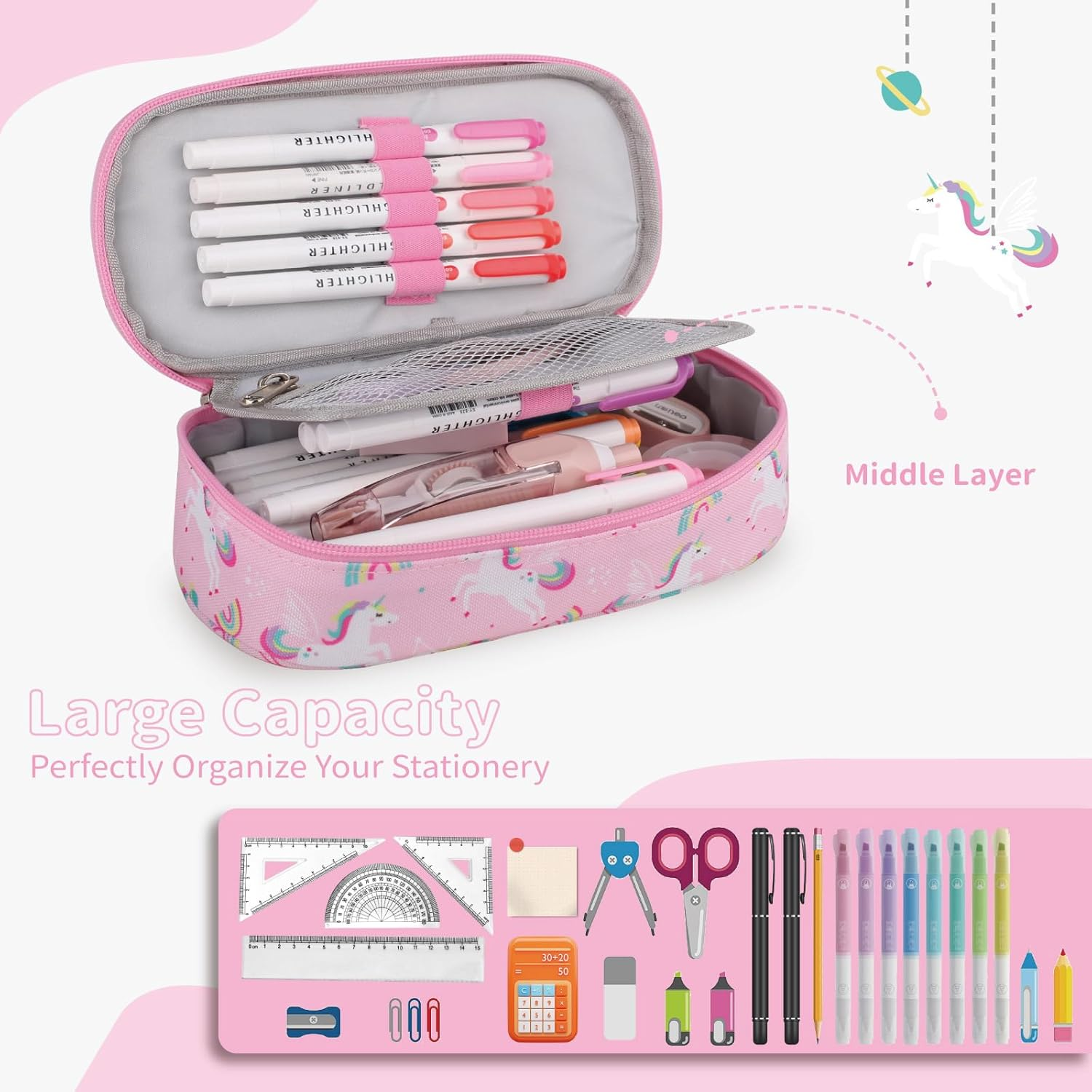 Pencil Case for Girls,Large Capacity Multi-Slot Kids Mark Pouch, Adult Big Pencil Bag with Zipper, Teens Large Storage Pencil Box for School College Middle School Office(Pink,Unicorns) - Blue,Unicorns image number 2