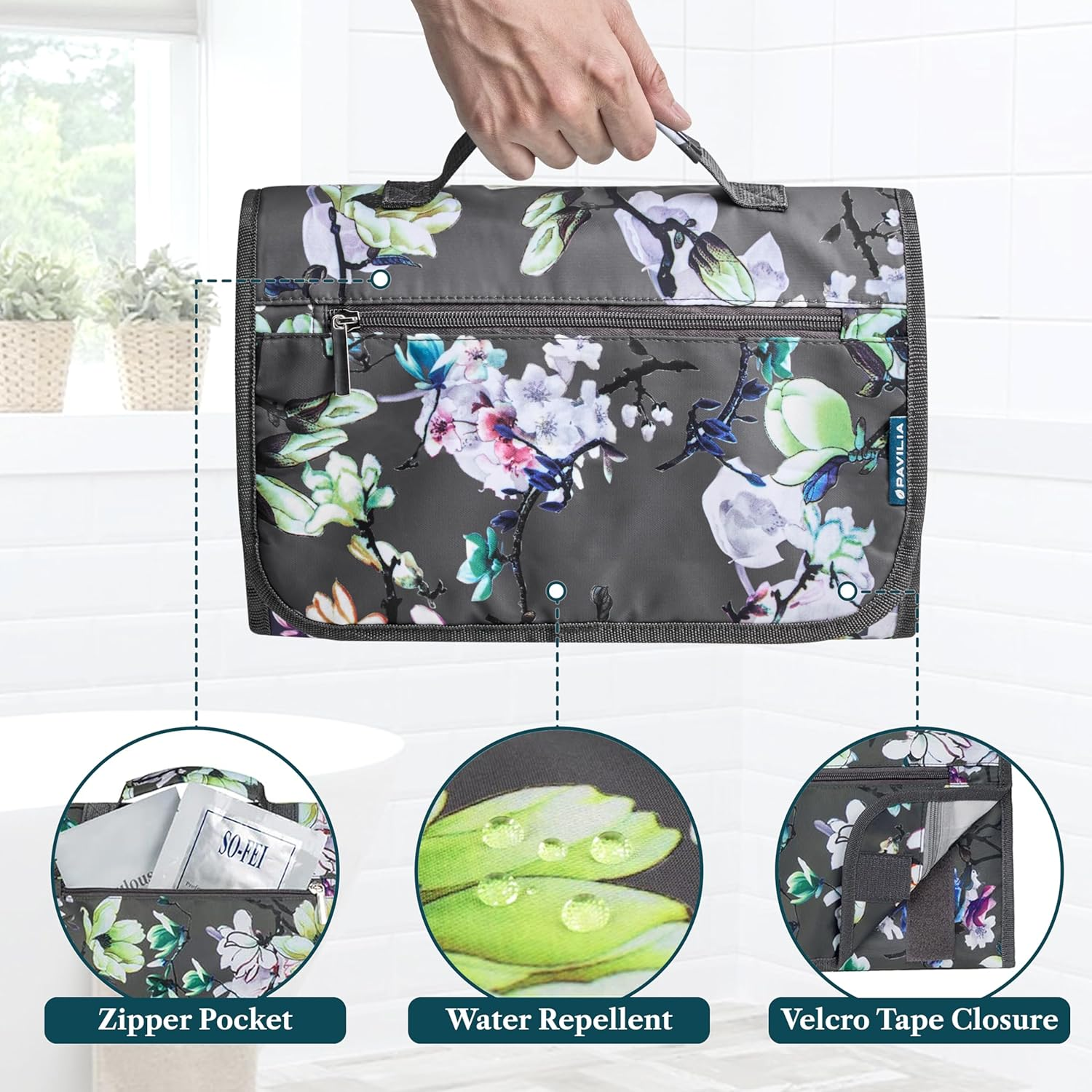 PAVILIA Hanging Toiletry Bag Women Men, Travel Kit Foldable Toiletries Organizer, Roll up Cosmetics Makeup Bag, Waterproof Essentials Jewelry Case image number 5