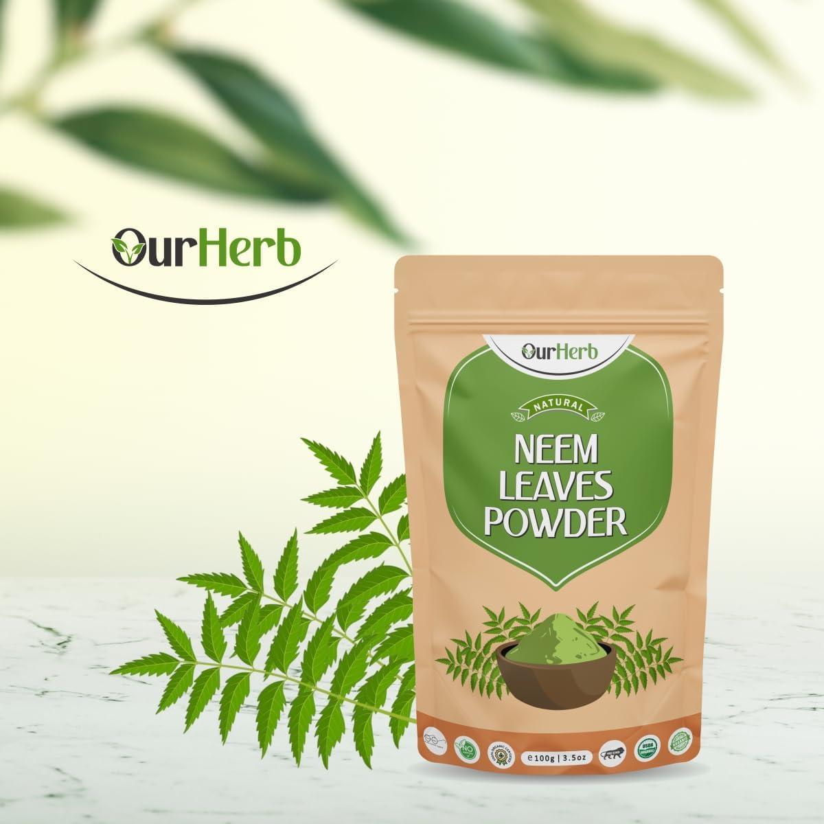 Ourherb Pure & Natural Neem Leaves Powder (Azardirachta Indica Powder) for Health, Skin Care & Hair Care with Wooden Spoon - 100G | 3.5 Oz image number 2