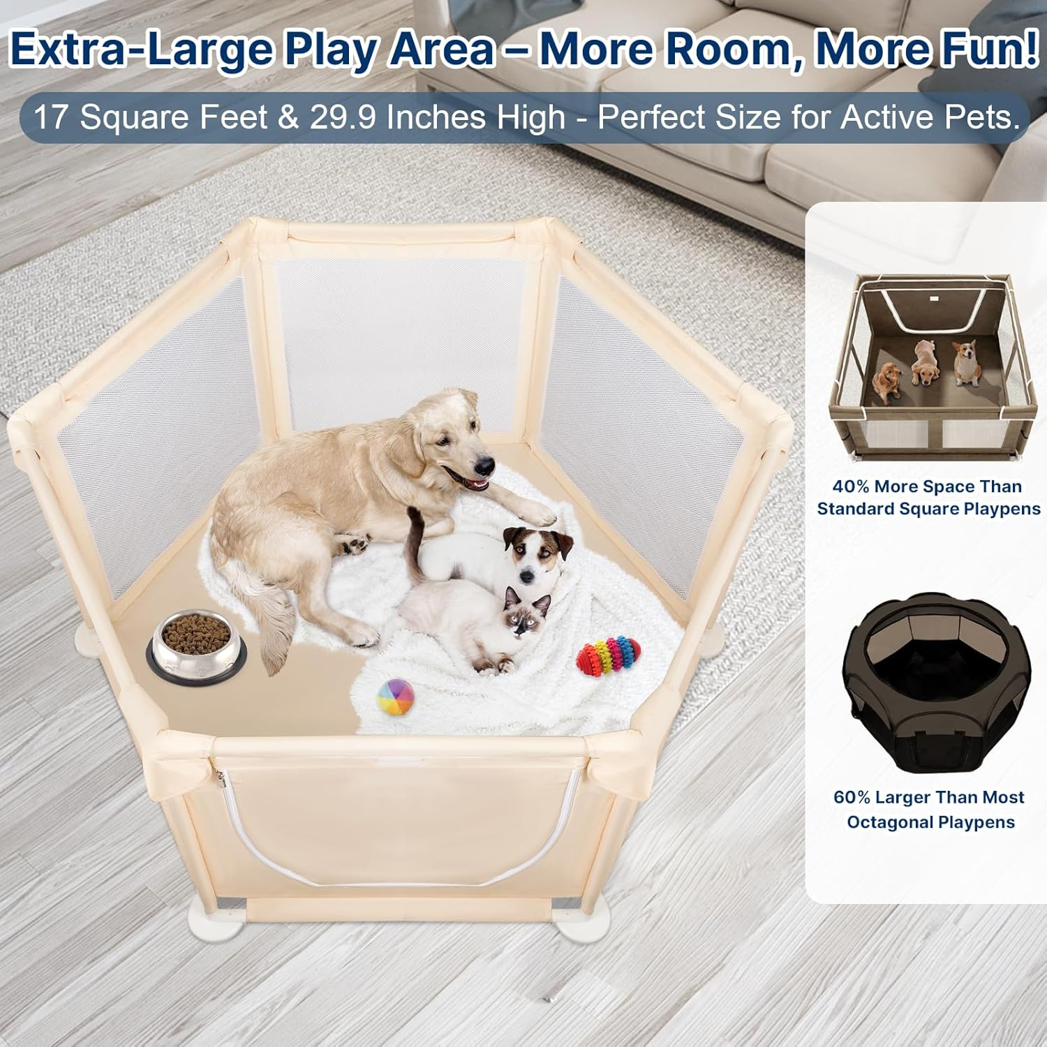 58"X58"X30" Large Dog Playpen Indoor, Extra Tall Puppy Playpen with Removable Roof, Sturdy Fabric Mesh Dog Pen for Medium to Large Pets, Spacious Hexagonal Pet Playpen Indoor for Comfort & Security image number 3