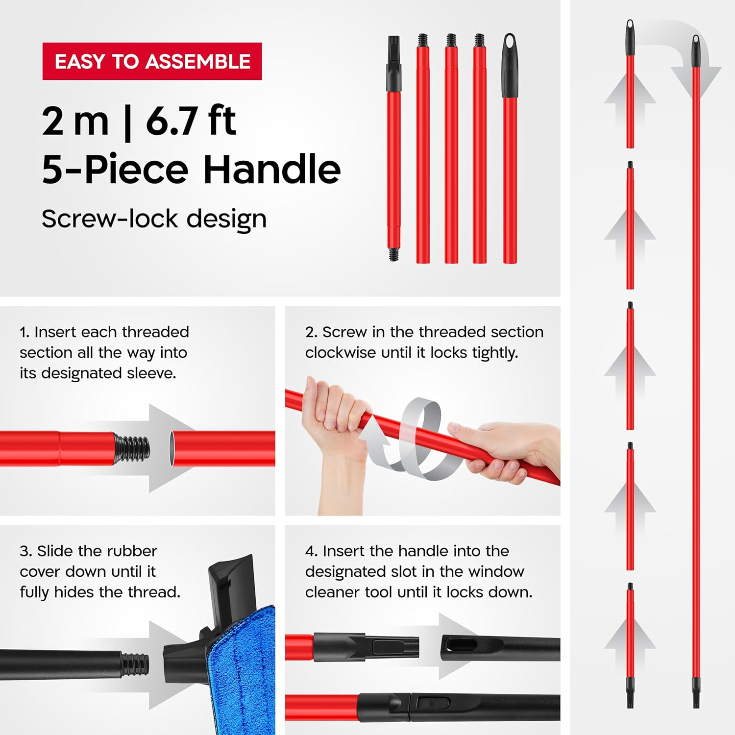 Tyroler 2-In-1 High Window Cleaner Squeegee with 30-205CM 5 Part Stainlessteel Handle | Made of 100% Natural Rubber for Superior Durability and Protection image number 2