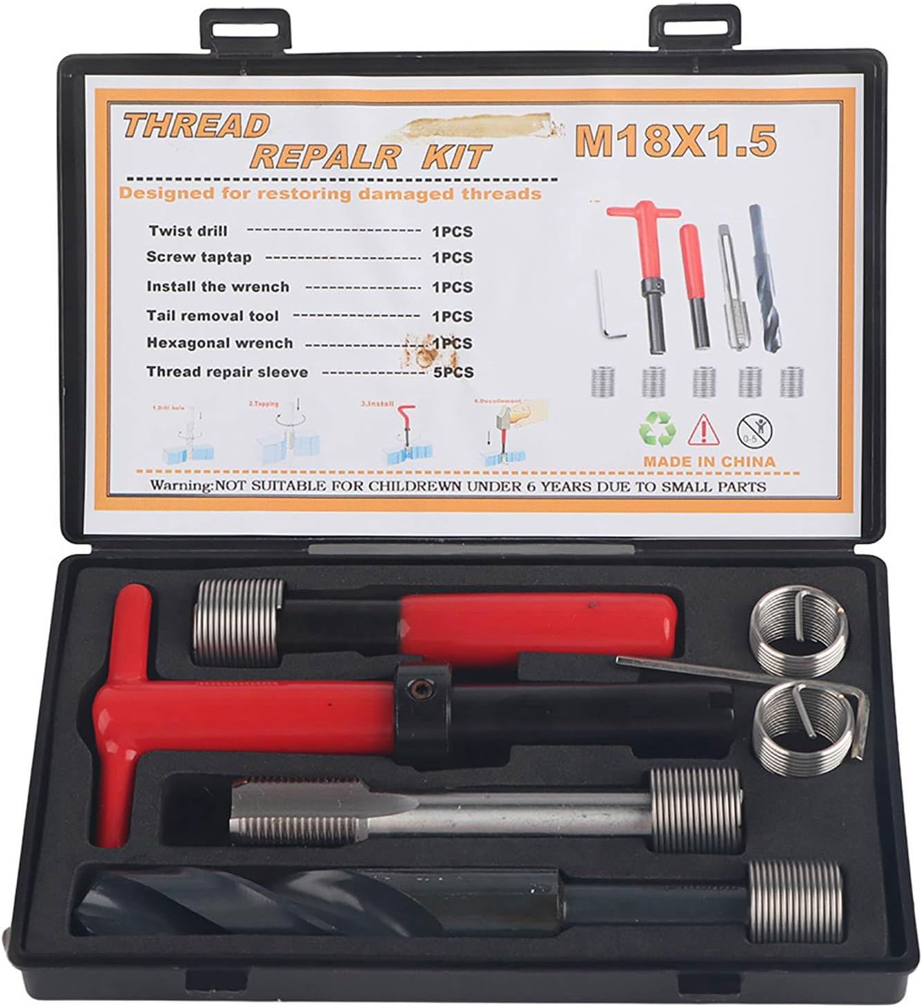 Thread Repair Kit, 10Pcs M18X1.5 Stainless Steel Inserts Twisted Drill Wrench Tool for Automotive Applications, High Voltage Equipment image number 3