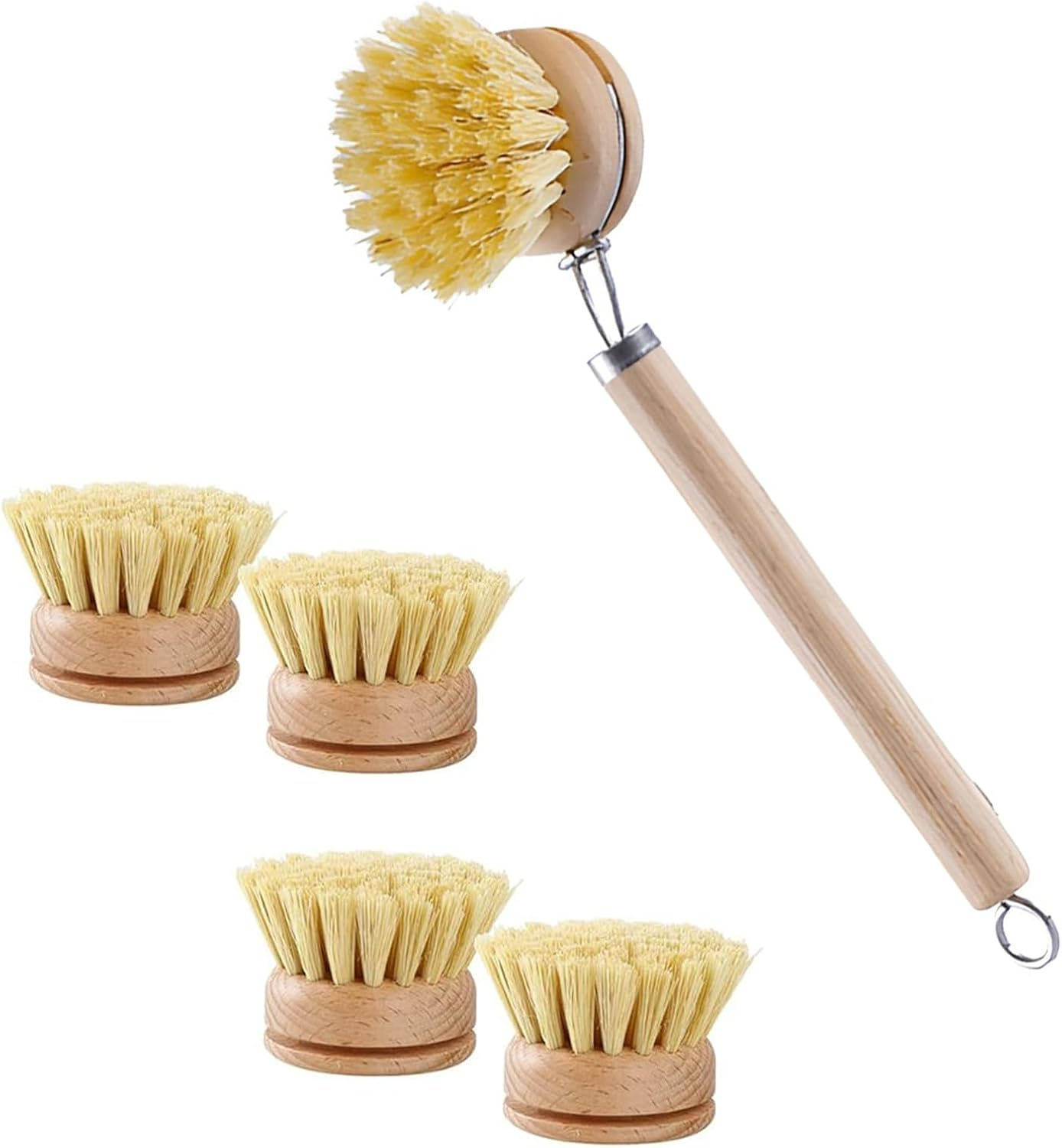 5 Pcs Dish Brush,Natural Sisal Pot Brush,Kitchen Wooden Handle Brush - Replaceable Head Soft Hair Non-Stick Pot Brush,Pot Brush for Cleaning Kitchen Utensils image number 3