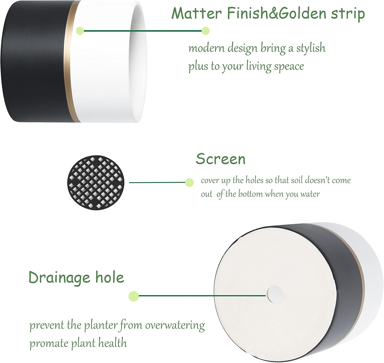 Planter Plant Pots Indoor - 6.7 Inch Modern Ceramic Flower Pot with Drainage Hole for Home Office Decoration (White Black)(Plant Not Included) image number 3