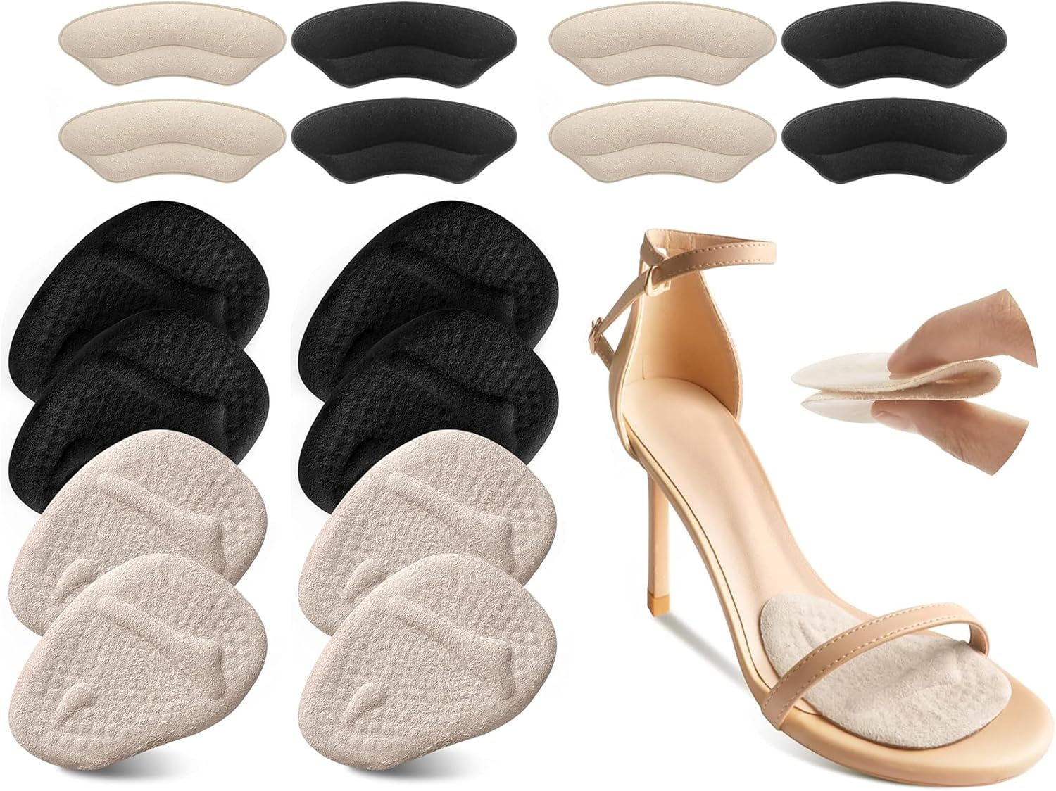 Riootlnm Metatarsal Pads, Ball of Foot Cushions, Heel Pads Inserts for Too Big Shoe, Reduce Foot Pain, No Slip Heel Grips Liners Shoe Pads for Loose Shoe, Blisters, Beige+Black, One Size