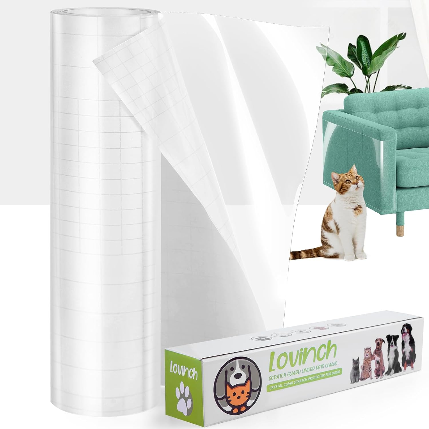 Lovinch [Thicken Vinyl] anti Cat Scratch Furniture Protector, Single-Sided Sticky Couch Protector for Cats, Flexible Couch Corner Guard under Cats Claw, Cat Scratch Deterrent Tape-(160" X 8") image number 1