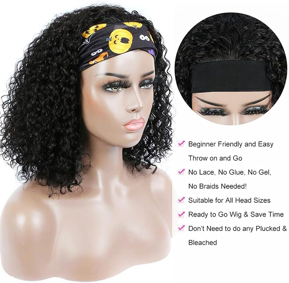 Wig with Headband Human Hair Curly Glueless Brazilian Wig Curly No Lace Headband Wig Deep Wave Wigs for Women Black Natural Color 26 Inch image number 1