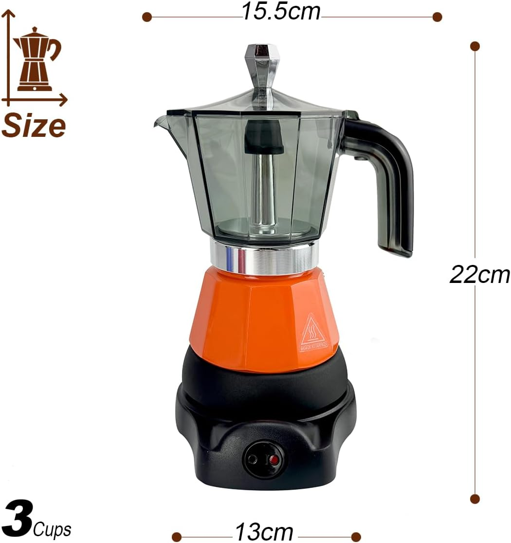 Mornest Electric Moka Pot Coffee Maker, Electric Espresso Maker Auto Shutoff, Italian Classic, 360 Degree Rotating Base, Portable Home Travel, 3/6 Cups (150/300Ml) (Orange, 3 Cups) image number 5