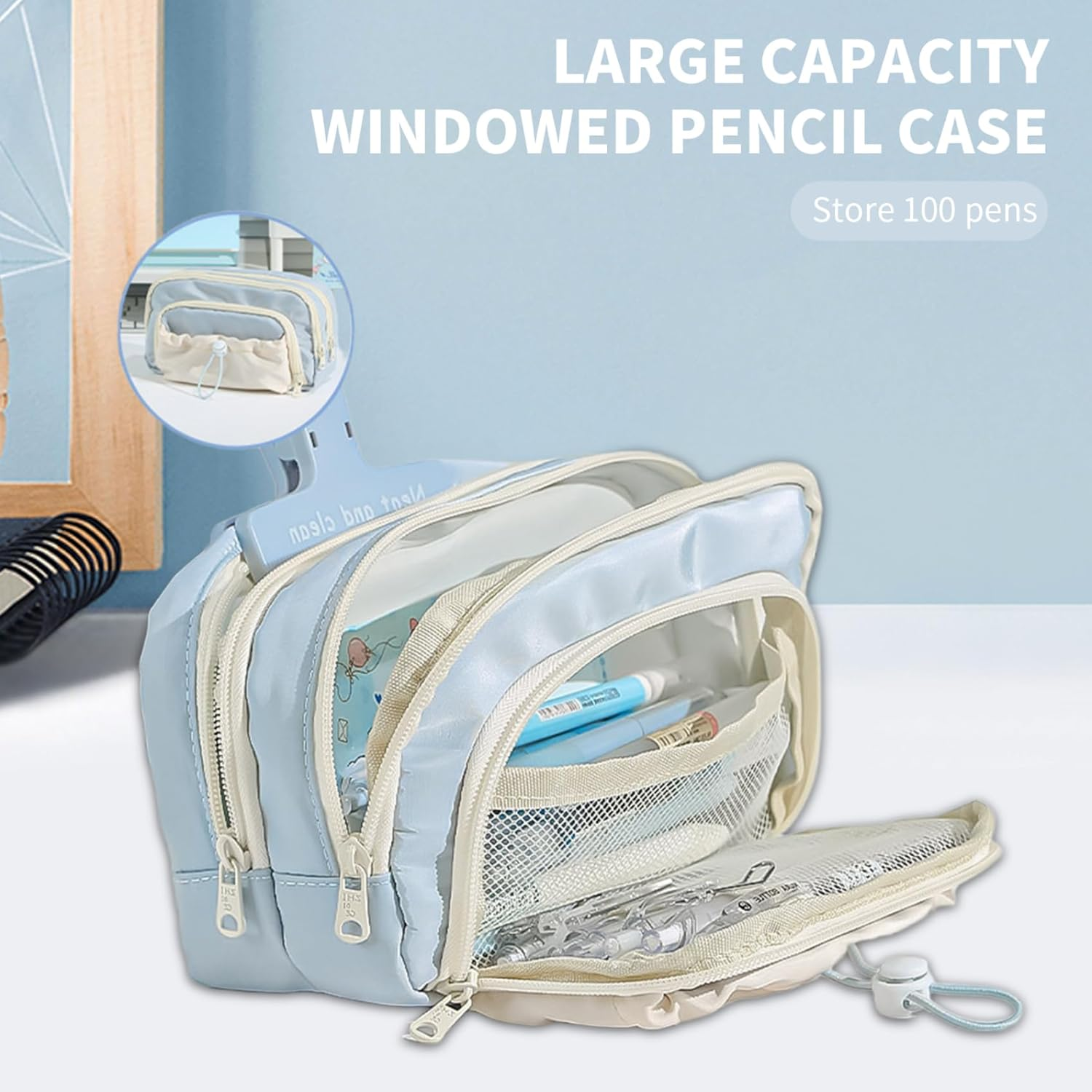 Kawaii Pencil Case, Aesthetic Pencil Case 8.27X5.12X3.94 Large Capacity Pencil Pouch Simply Style Kawaii Pencil Case Blue Pencil Pouch with Zipper Fabric Pencil Bag for Students, Pencil Case image number 3