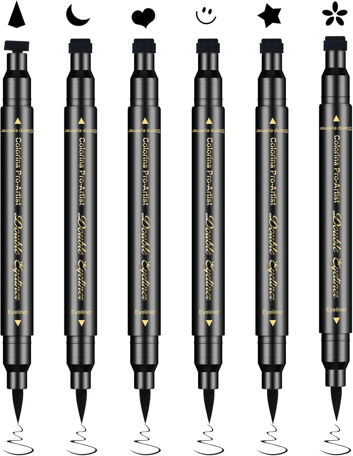 Ownest 6 Pcs Waterproof Smudge-Proof Eyeliner Stamp Pen Set - Eyeliner Tattoo Tool with Smiley, Triangle, Heart, Star, Moon, Flower image number 2