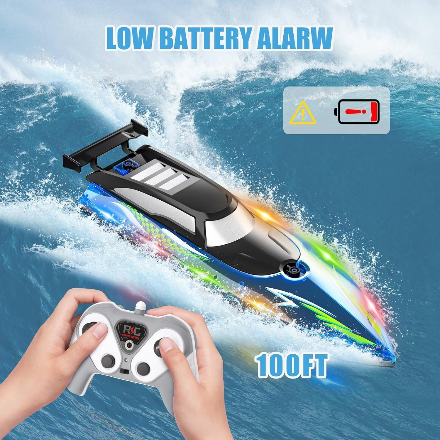 B-Qtech Remote Control Speedboat RC Boat, High Speed ​​RC Waterproof Boat with LED Light, 2.4Ghz Racing Boats for Pools and Lakes with 2 Battery Games, Rowing Toy for Kids&Adults