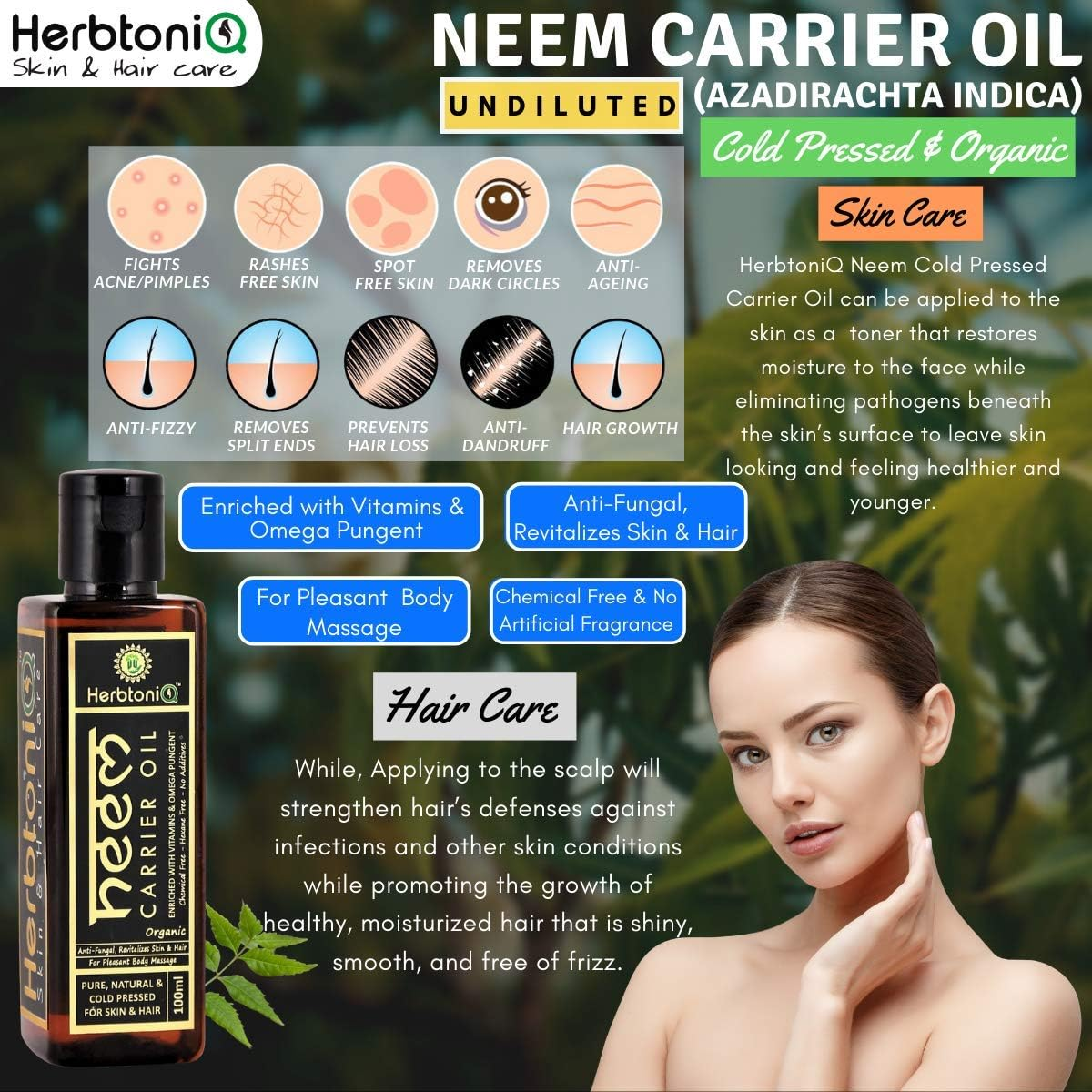 Herbtoniq Organic Neem (Azadirachta Indica) Cold Pressed Carrier Oil for Moisturizing, Healing, Dry Skin, Nail, Intensive Hair Care (100Ml, 3.38 Fl Oz) image number 1