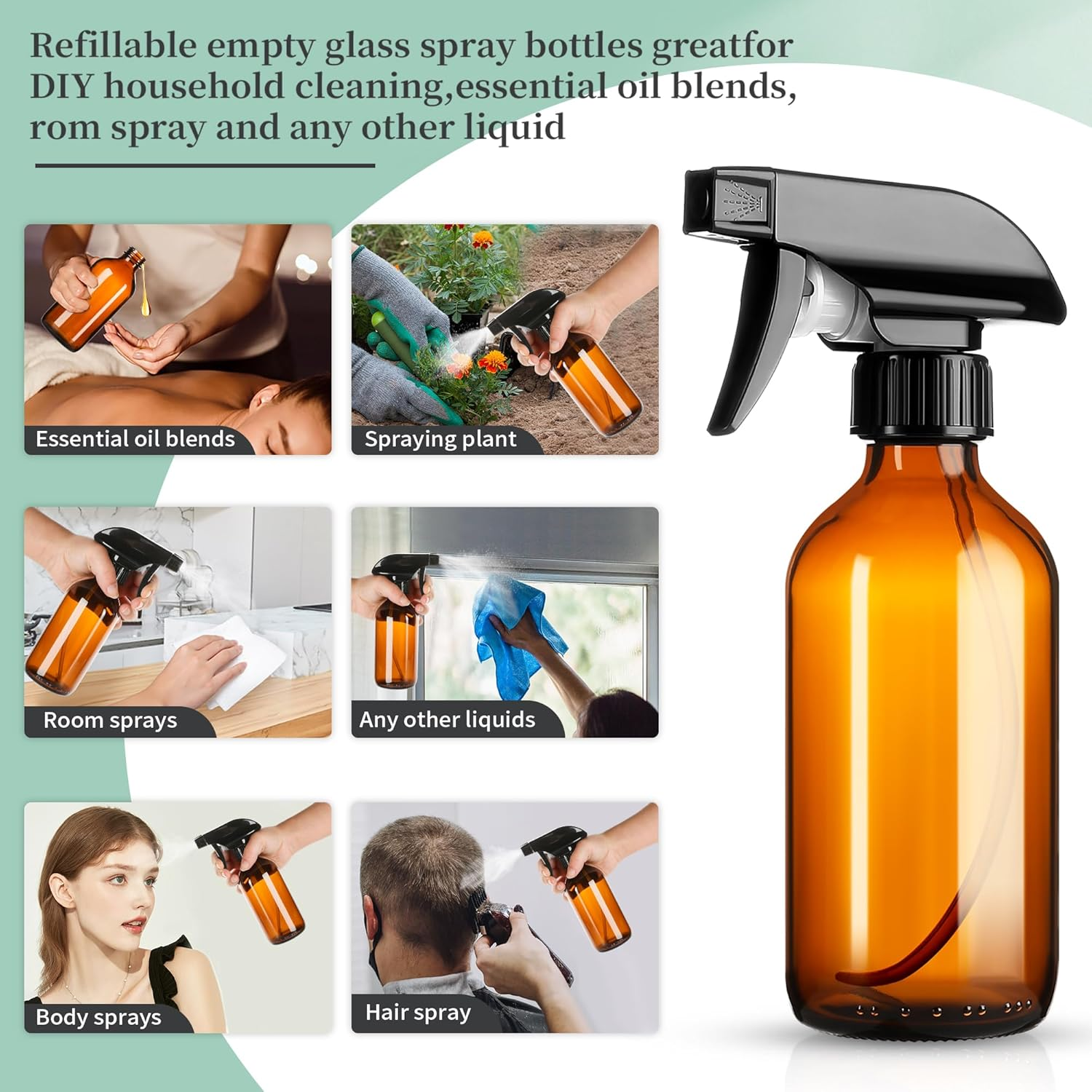 GIVAMEIHF 8Oz Amber Glass Spray Bottles,3 Pack Glass Spray Bottles Refillable Empty Bottle with Adjustable Nozzle,Spray Bottle for Essential Oils,Cleaning Solutions,Pets,Hair Mister,Gardening image number 3
