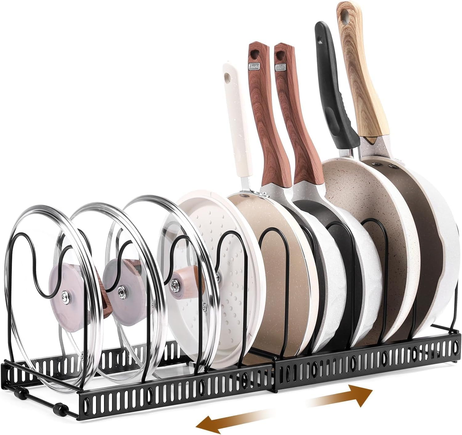 Yharnamite Expandable Pans Organizer Rack, Pot Lid Holder with 10 Adjustable Compartments, Expandable Cookware Rack, Kitchen Organisation Pot Rack for Kitchen Cabinet Organizers and Storage (White)