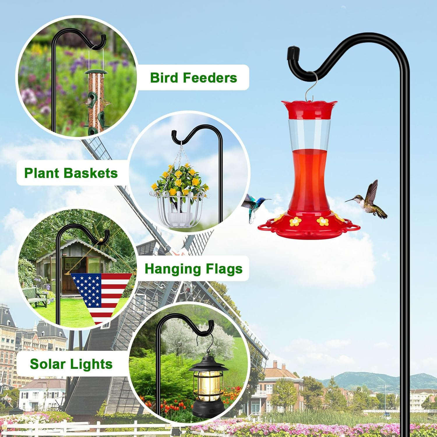 Feed Garden [Upgrade Version Adjustable Shepherds Hook Bird Feeder Pole with 7 Prongs Base, 76 Inch Tall Heavy Duty Outdoor Garden Poles for Hanging Bird Feeders, Plant Baskets, Black (1 Pack) image number 6