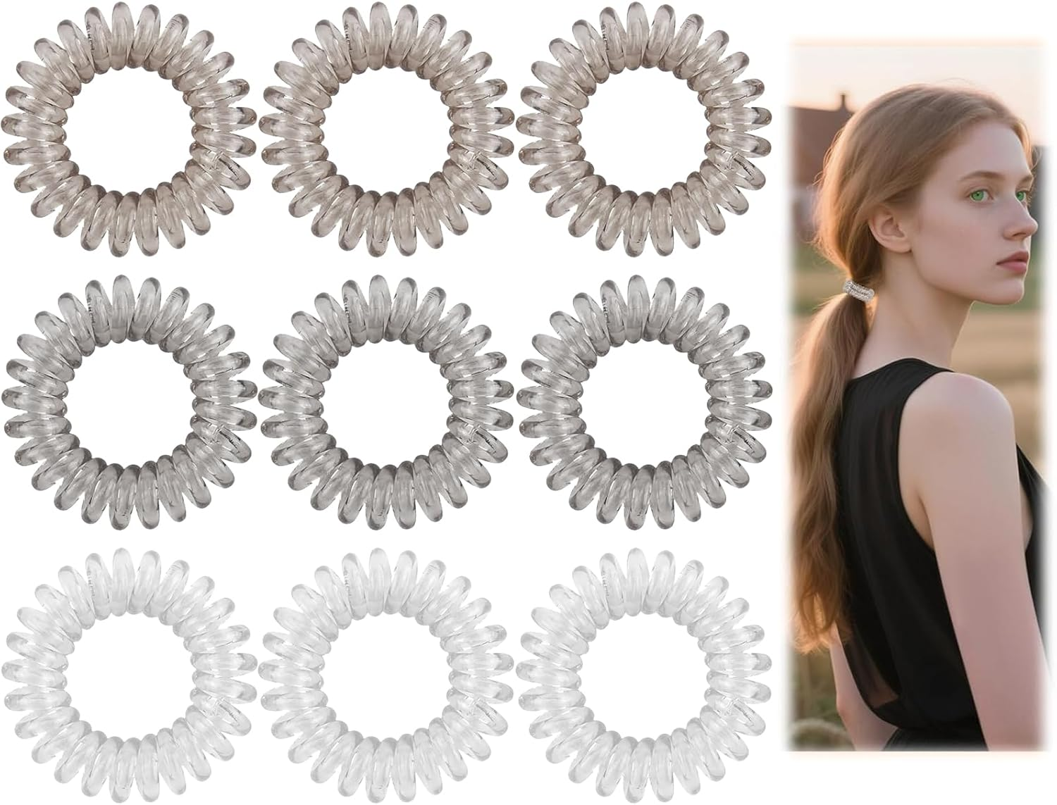 9 Pcs Spiral Hair Ties for Women, Gradient Colors Waterproof Plastic Hair Bands No Damage, Invisible Bobble Suitable for Home Travel Work Swimming Thick Hair Students Working Women & Housewives (Gray) image number 5