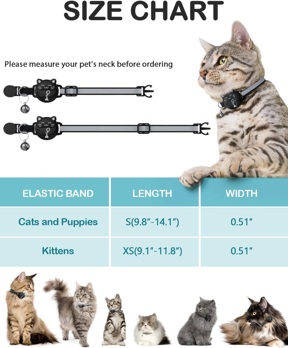 WROSWT Waterproof Airtag Cat Collar, Breakaway Cat Collars with Luminous & Reflective Strap for Apple Air Tag, Kitten Safety Elastic Band, Lightweight Hidden GPS Tracker Holder(Black, 8"-11") image number 4