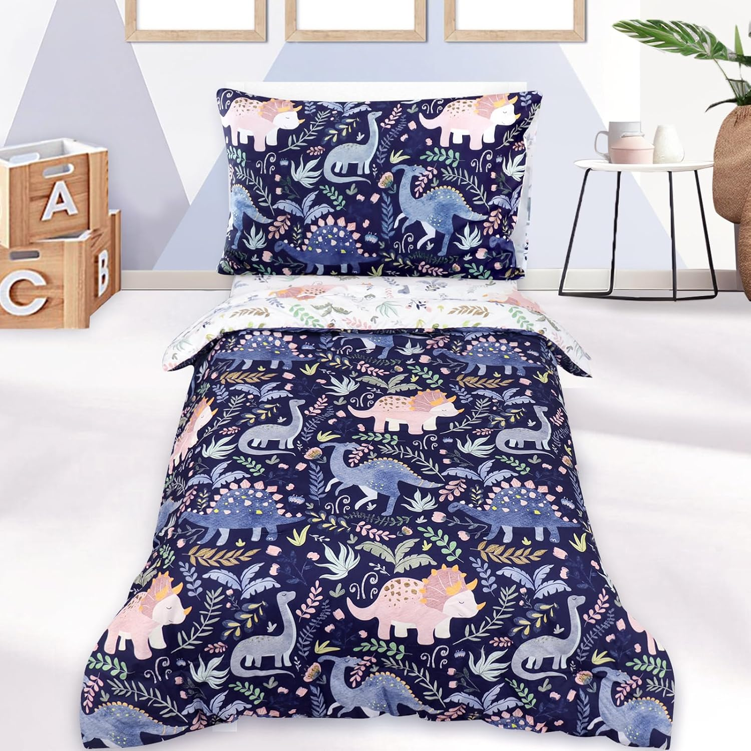 Toddler Bedding Sets for Girls, Rainbow Toddler Crib Bedding Set 4 Piece Pink Floral Toddler Comforter Set Includes Flat Top Sheet, Fitted Sheet, Comforter, Envelope Pillowcase, Soft & Comfort