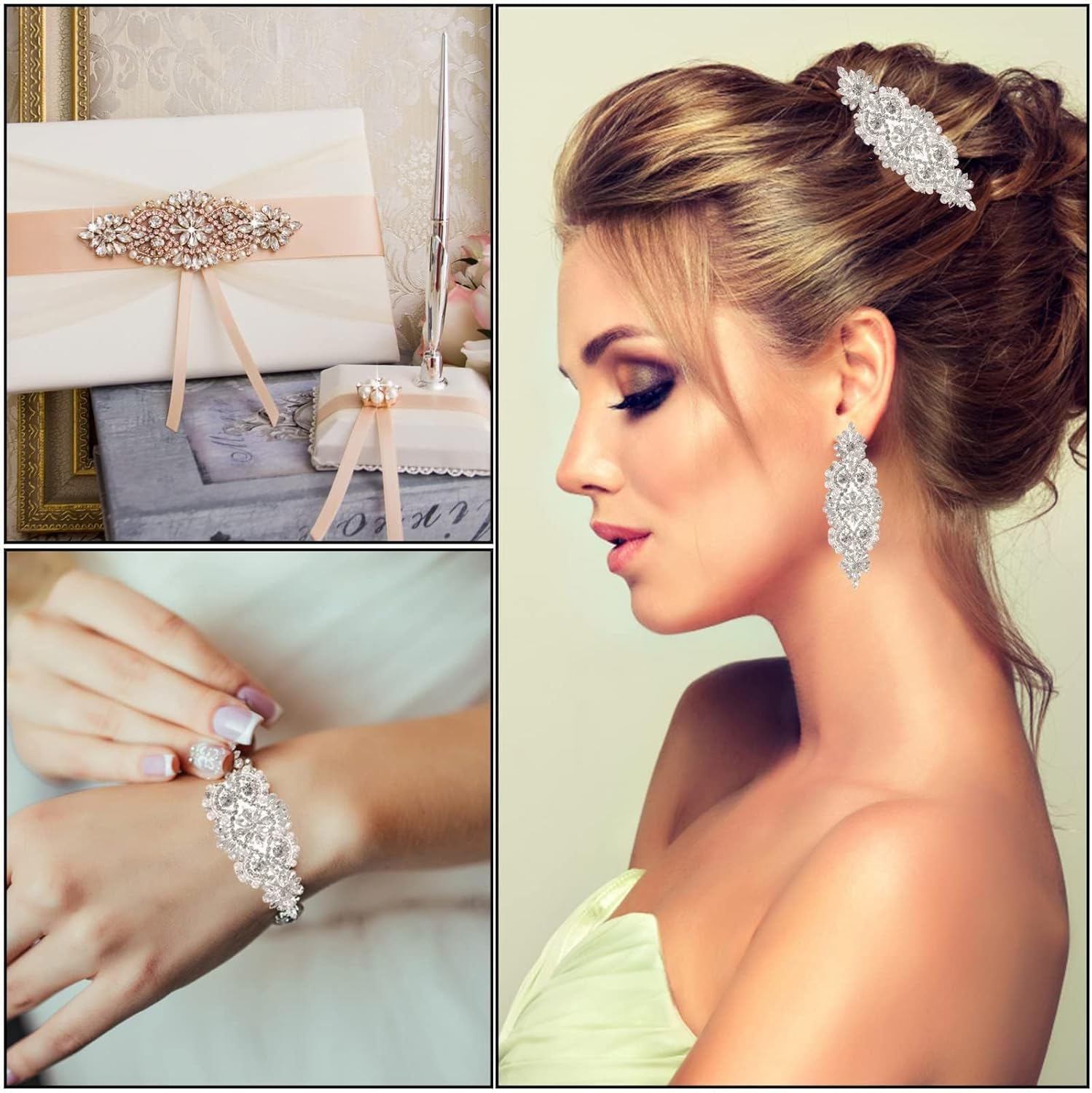 8 Pieces Crystal Rhinestone Appliques Silver Rhinestone Iron on Patch Hot Fix Applique for Bridal Wedding Dress Clothes Sash Crystal Belt DIY Sewing Appliques for Shoes image number 1