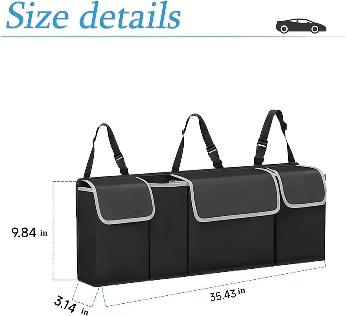 Car Trunk Organizer, Backseat Hanging Large Storage with Adjustable Straps, Waterproof Collapsible Cargo Bag with 4 Pockets, Sturdy Space Saver Frees Trunk Floor for SUV, Truck, MPV 1Pack