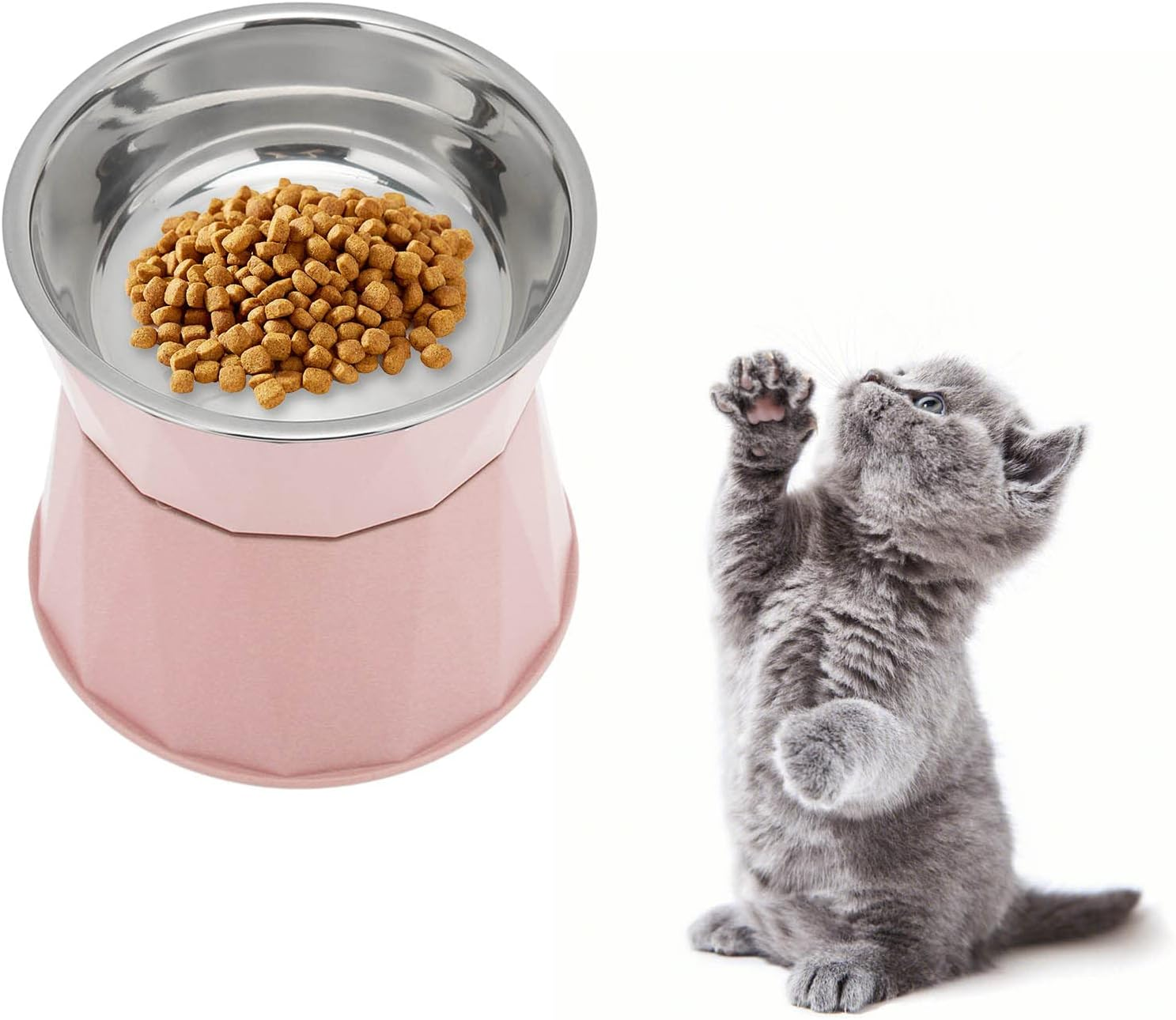 Cat Food Bowl, Stainless Steel Cat Bowl Increased Neck Protective Heavy Duty Cat Double Bowl, Raised Cats Bowls Elevated Tilted Puppy Dish Food Water Bowl Pet Food Water For(Pink [High Double Bowl])