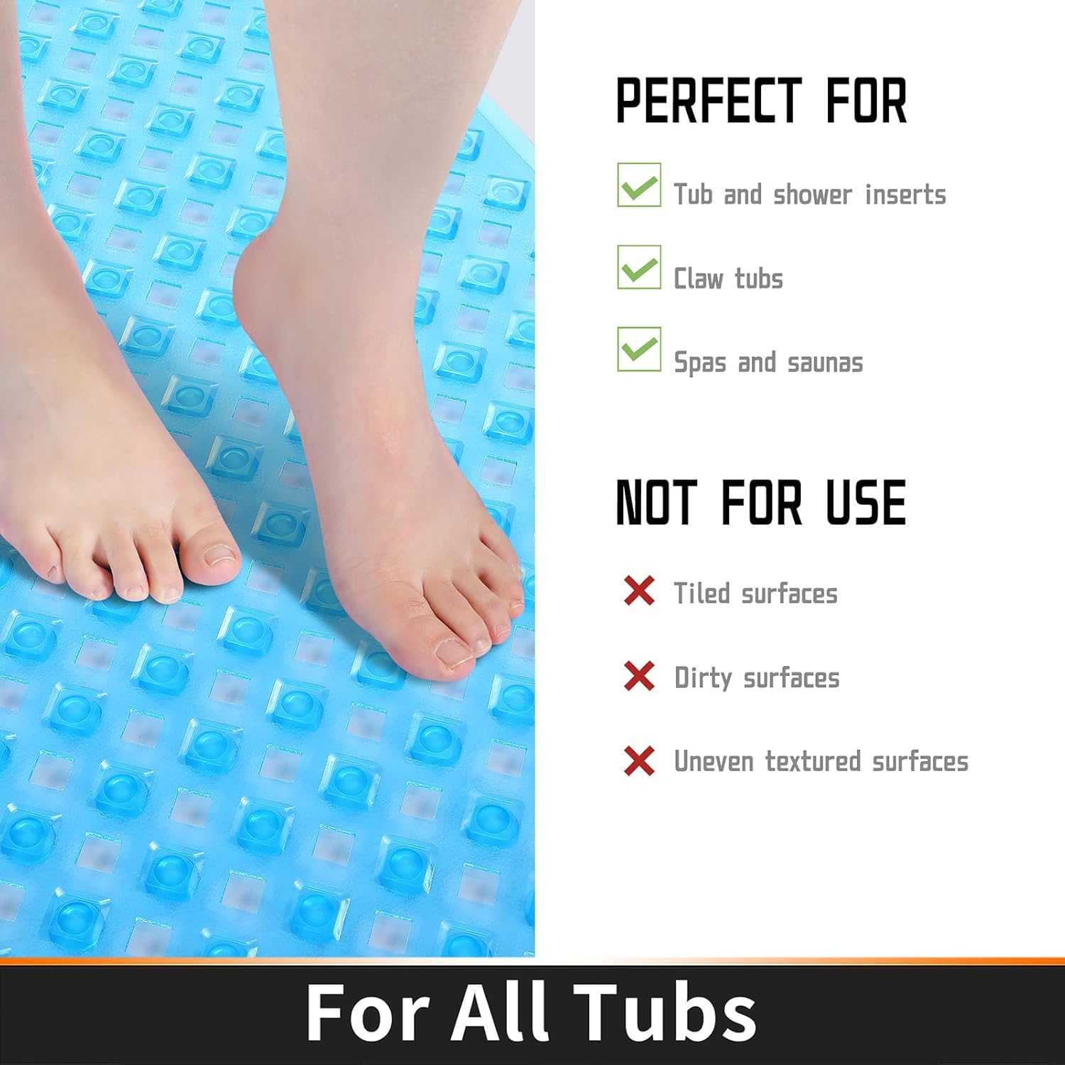 YUTA Bath Tub and Shower Mats, Non-Slip and Latex Free, Bathtub Mat with Suction Cups, Machine Washable Bathroom Mats with Drain Holes, 40X88Cm, Blue - All Clear image number 2