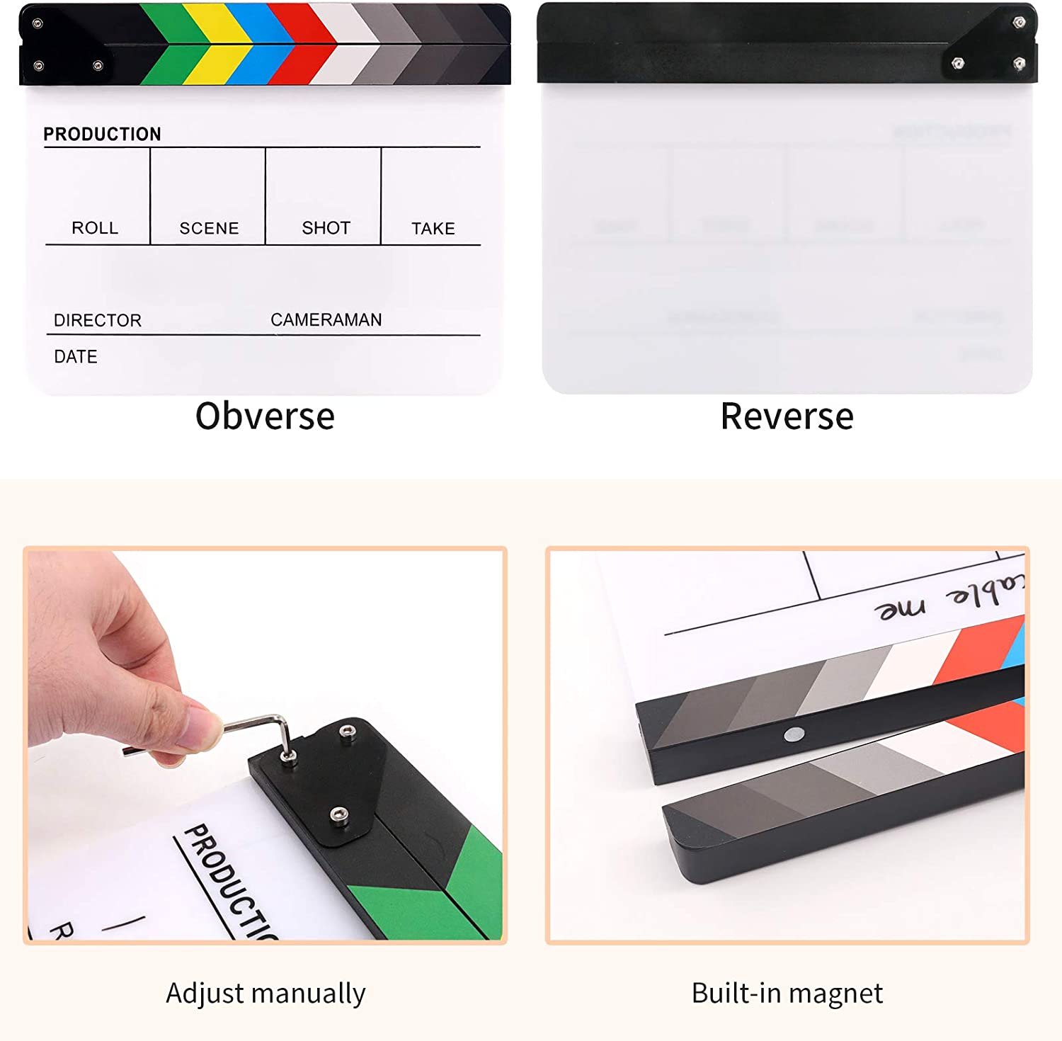 Rustark Movie Film Clap Board, Acrylic 10"X12" Acrylic Dry Erase Director Clapboard, Professional Photography Studio Video TV Cut Action Scene Clapper Board with 5 Pcs Erasable Pen image number 1