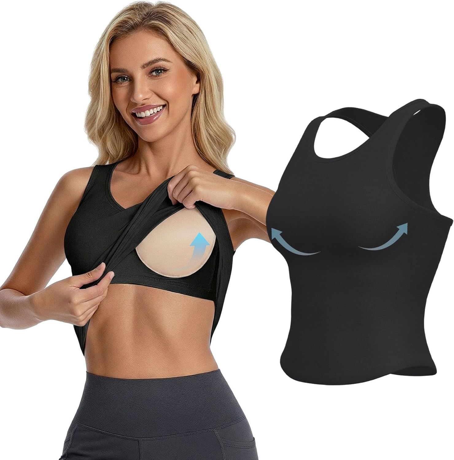 Womens Longline Sports Bra, High Elasticity Yoga Fitness Crop Top with Built in Pads for Gym Running Workout Tank Tops