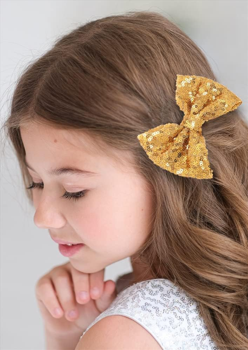 12 Pieces Sequin Bows for Girls 4.7" Large Cheer Hair Bow with Alligator Clips Hair Accessories for Kids Toddler Cheerleaders Teen Girls College Sports (Gold)