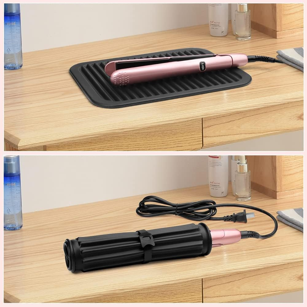 Oversize 15.7" X 11.8" Heat Resistant Mat, Portable Travel Silicone Heat Mat for Curling Irons, Flat Irons, Hair Straightener and Hot Hair Styling Tools, Hot Iron Holster, Vanity Pad with Ties Black image number 6