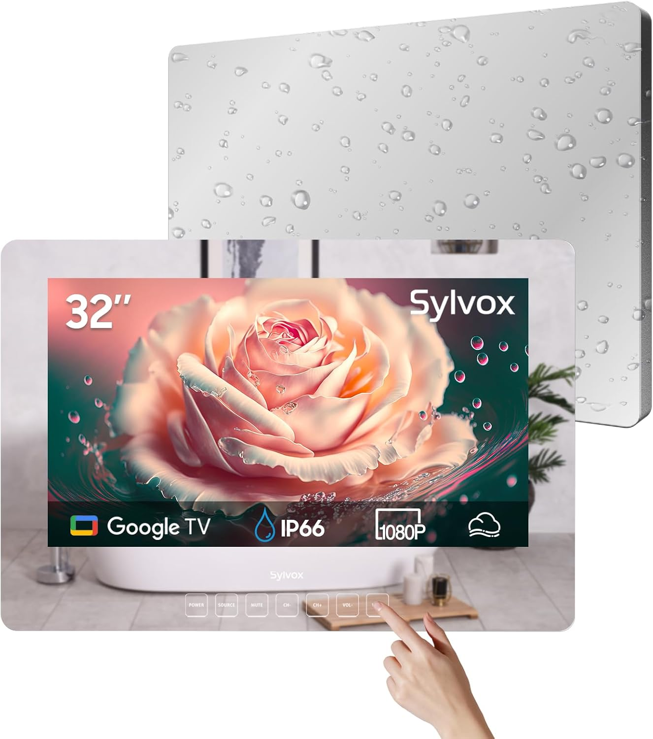 SYLVOX 32'' Smart Waterproof TV, Magic Mirror TV for Bathroom, 1080P, Bass Boost, IP66, Built-In APP Store, and Voice Assistant (On Wall Model) image number 4
