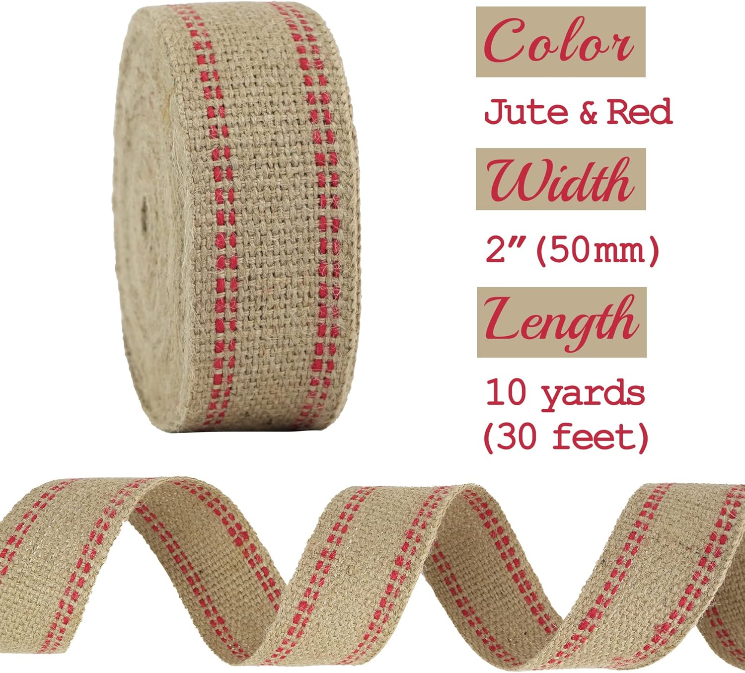 MEEDEE Red Jute Webbing 2 Inch Upholstery with Red Stitching - Heavy Duty Furniture Webbing for Chairs, Christmas Garland, Jute Wreath, Banner (10 Yards) image number 2