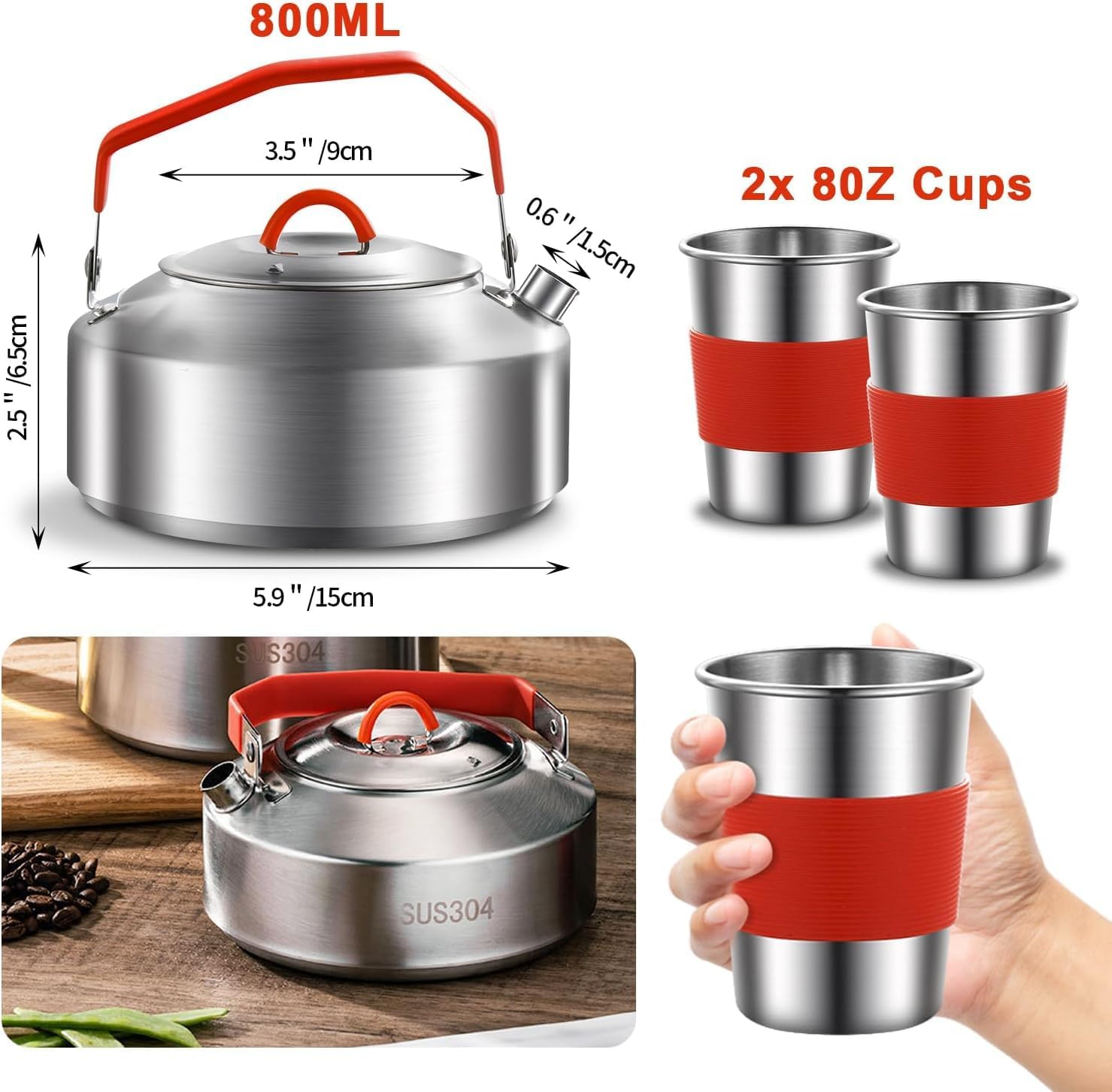 Camping Cookware Kit, 304 Stainless Steel Camping Cooking Set, Camping Pot and Pan Set with Kettle Cups Plates Forks Knife Spoon for Camping Outdoor Hiking Picnic Rvs for 2-3 People