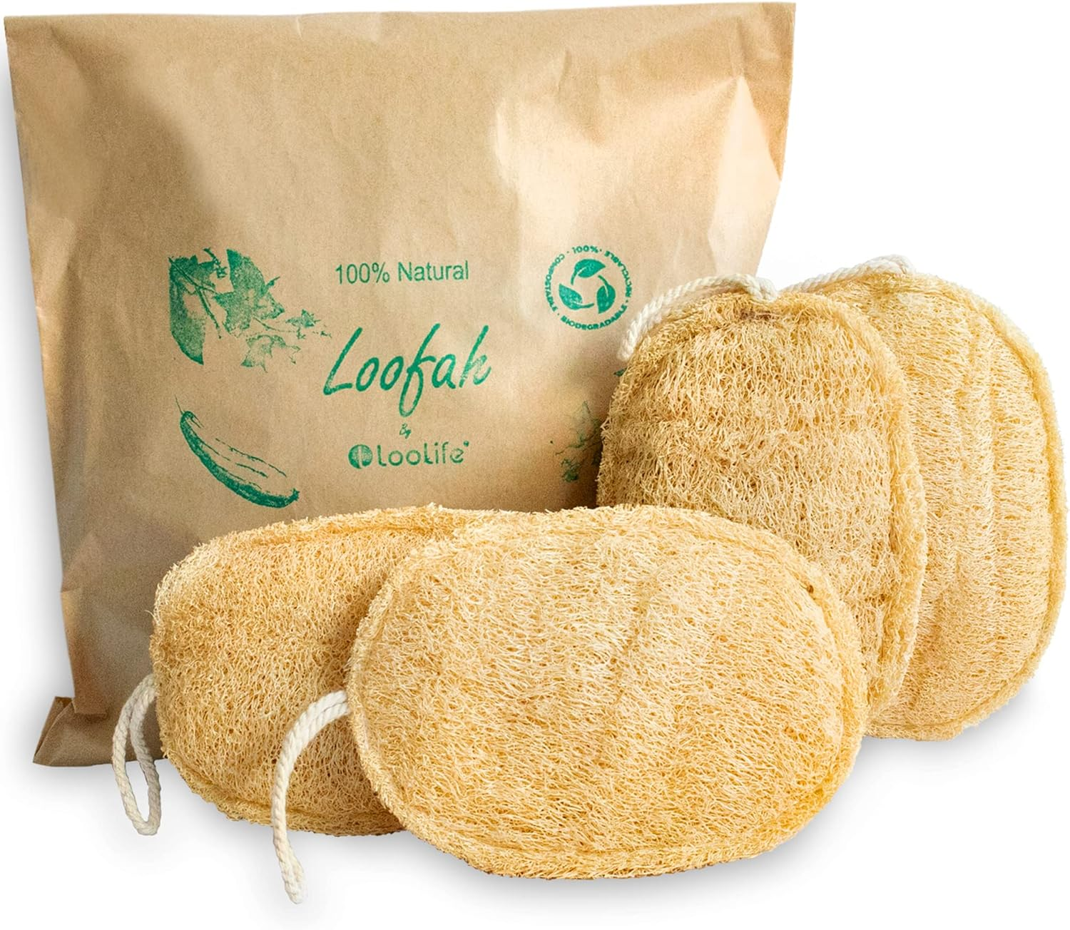 100% Natural Loofah Exfoliating Sponge (4 Pack) - Loofah Body Scrubber - Loofah Sponge - Organic Loofah - Exfoliating Body Sponge - Biodegradable Loofah - Bath Luffa Sponges - Exfoliating Loofah Pad
