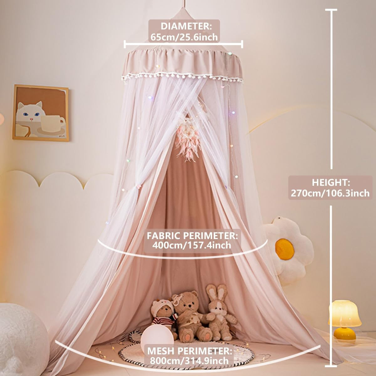 Bed Canopy for Kids Room, Double Layer Mosquito Net with Lights Hanging Play Tent Child Reading Nook round Dome Canopies Princess Castle Dreamy Bedding for Crib Girls Room House D&eacute;cor image number 2