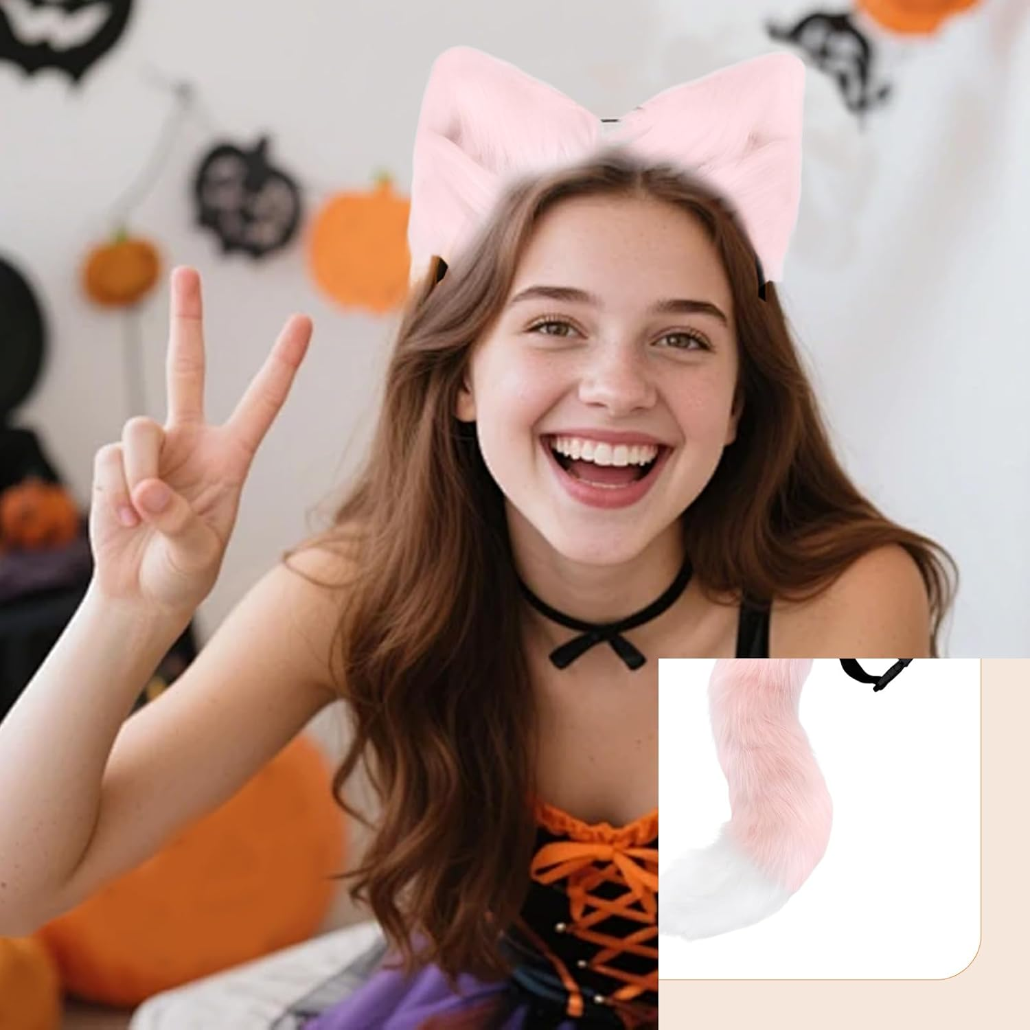 Cat Ears Headband Wolf Fox Tail Set Handmade Animal Cosplay Costume Faux Fur Headdress Party Accessories(Pink) image number 2