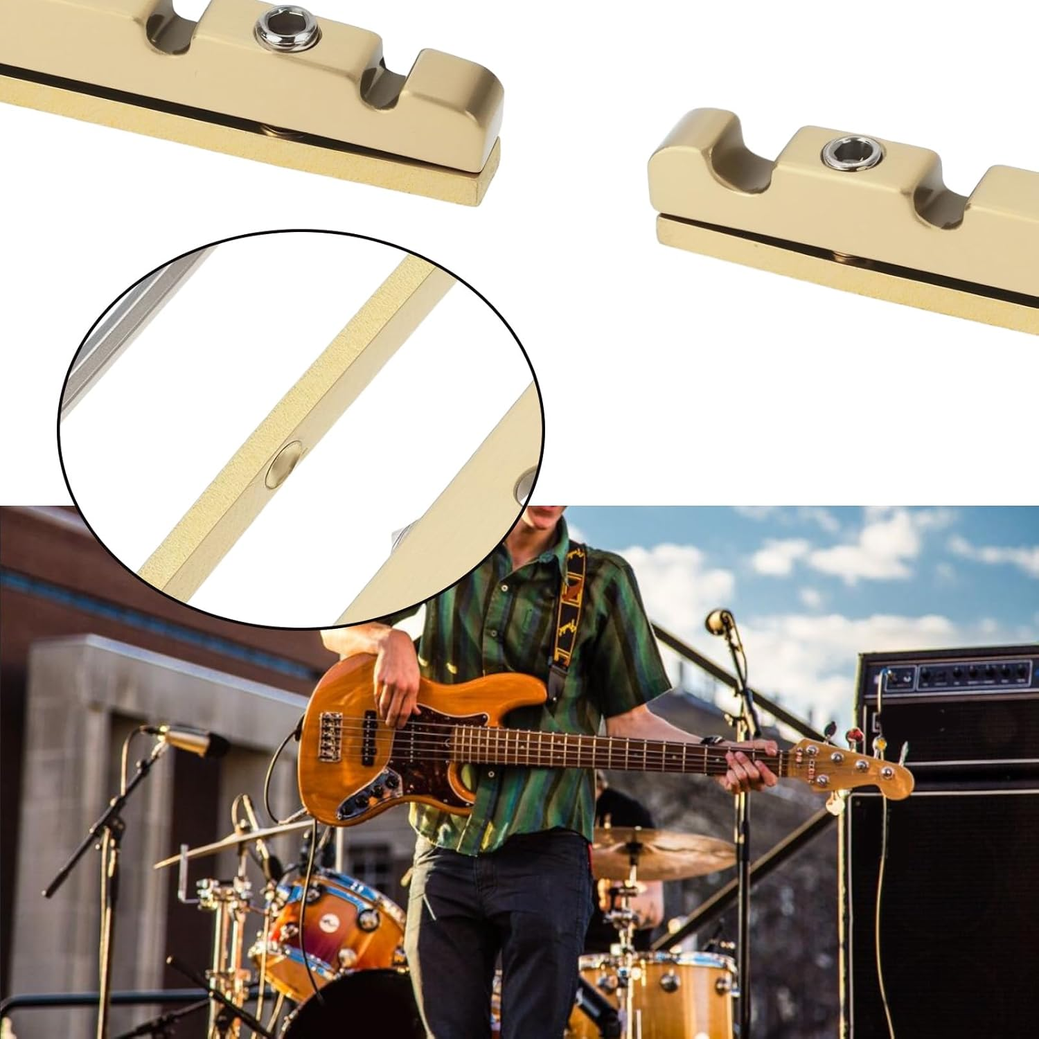 1Pc 4 String Bass Guitar Nut 38Mm Adjustable Height Bell Brass Nut Split Regulation Bass Guitar Nut for Jazz Bass 38 X3.5Mm image number 1