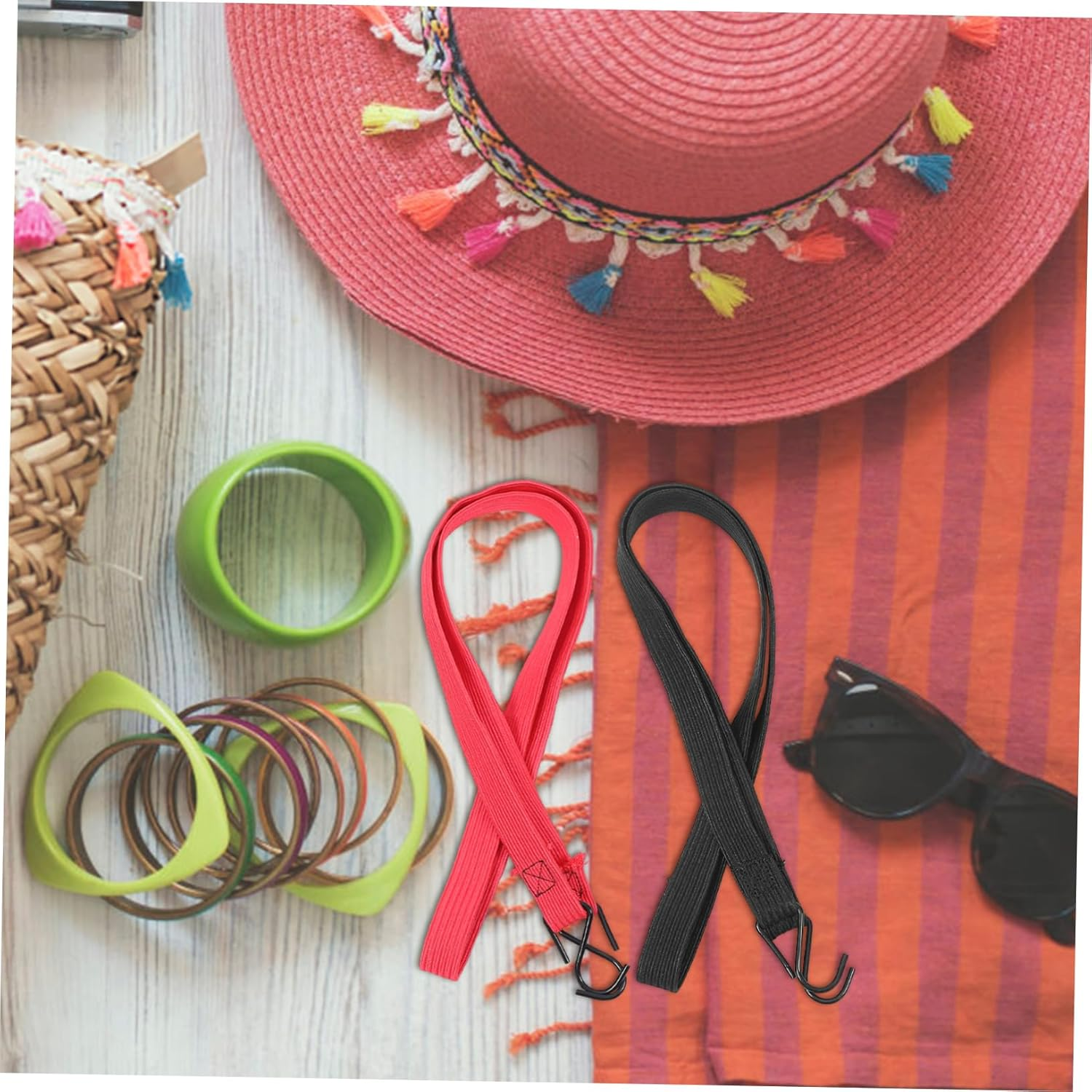 COOLHIYA 4Pcs Flat Adjustable Bungee Cords with Hooks Elastic Cargo Straps Luggage Fixing Belts for Motorcycles Bikes Kayaks Secure Fastening Material Random Color image number 2