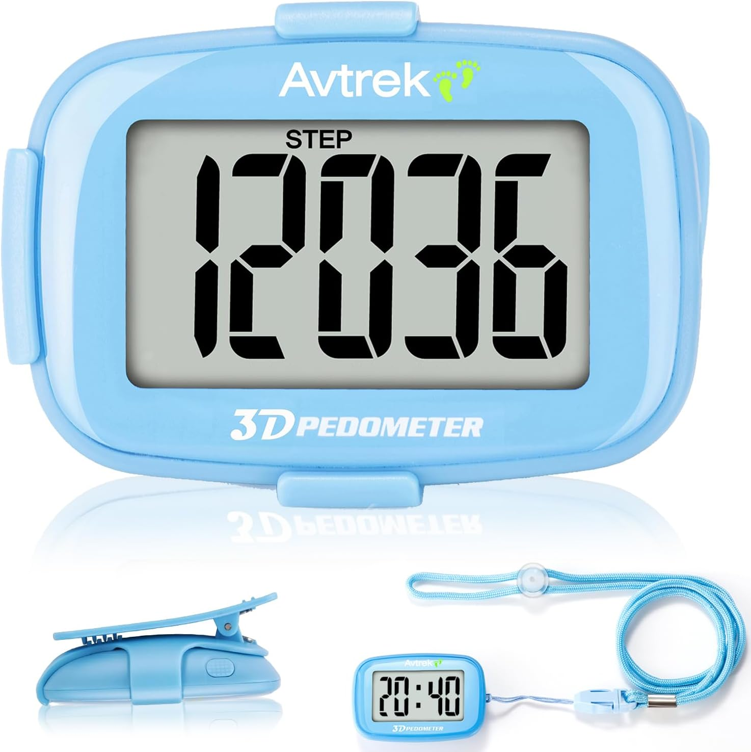 AVTREK Accurate 3D Step Counter for Walking Jumbo Screen Numbers Pedometer Clip on for Running with Time Display and LED Backlight Pedometers with Clip and Lanyard&hellip;
