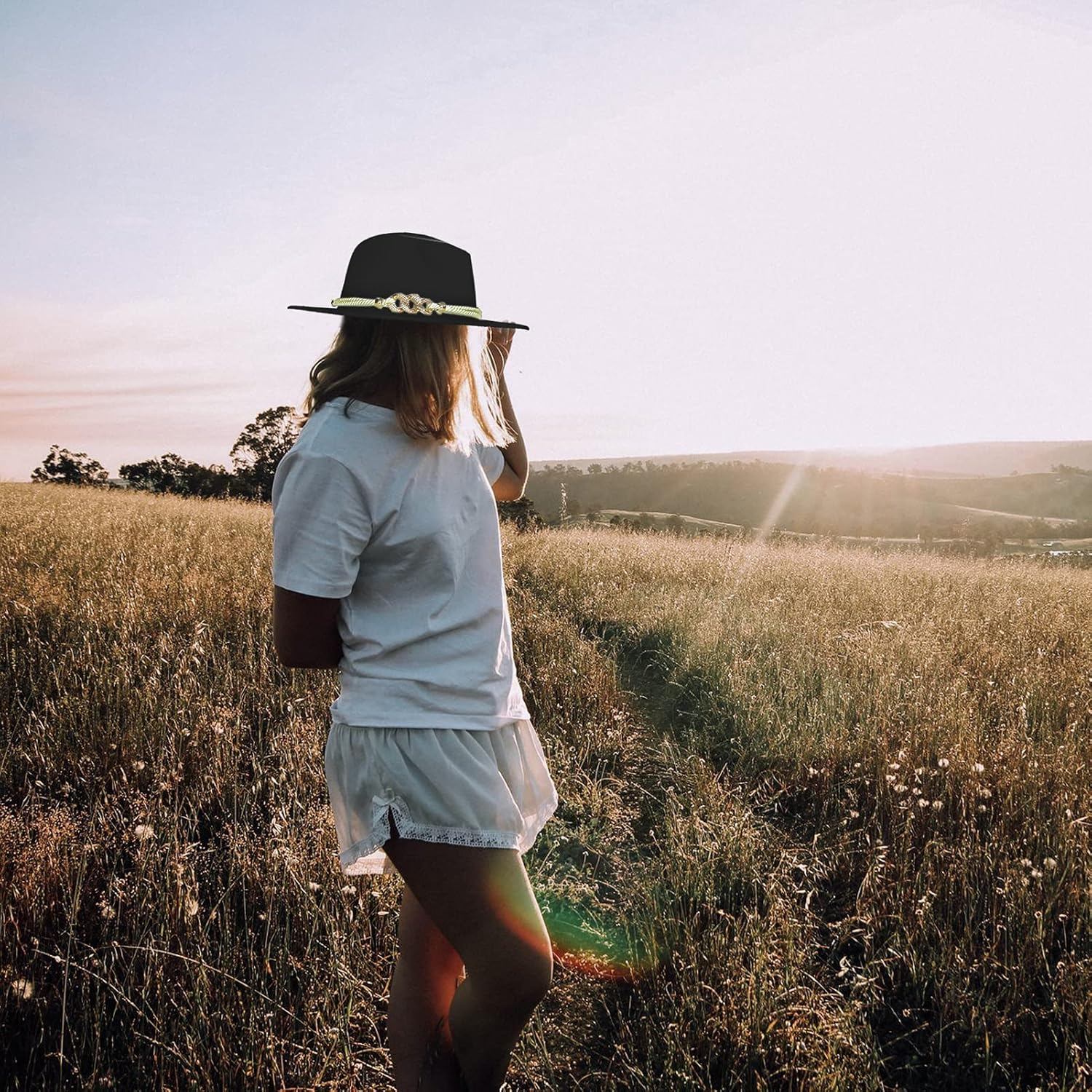 Gossifan Lady Fashion Wide Brim Felt Fedora Panama Hat with Ring Belt image number 1