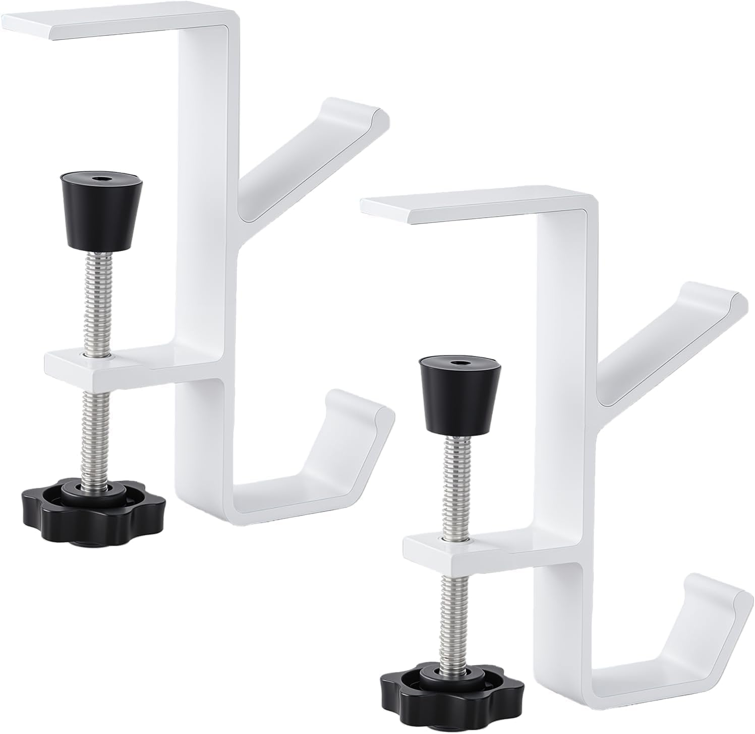 Desk Mount Bag Holder Hook Clamp, 2Pcs Clamp-On under Desk Backpack Hanger, Desk Mount Bag Holder Hook Clamp on Backpack Hanger with Adjustable Arm Clamp, Reduce Desktop Clutter,Double Hanger, White